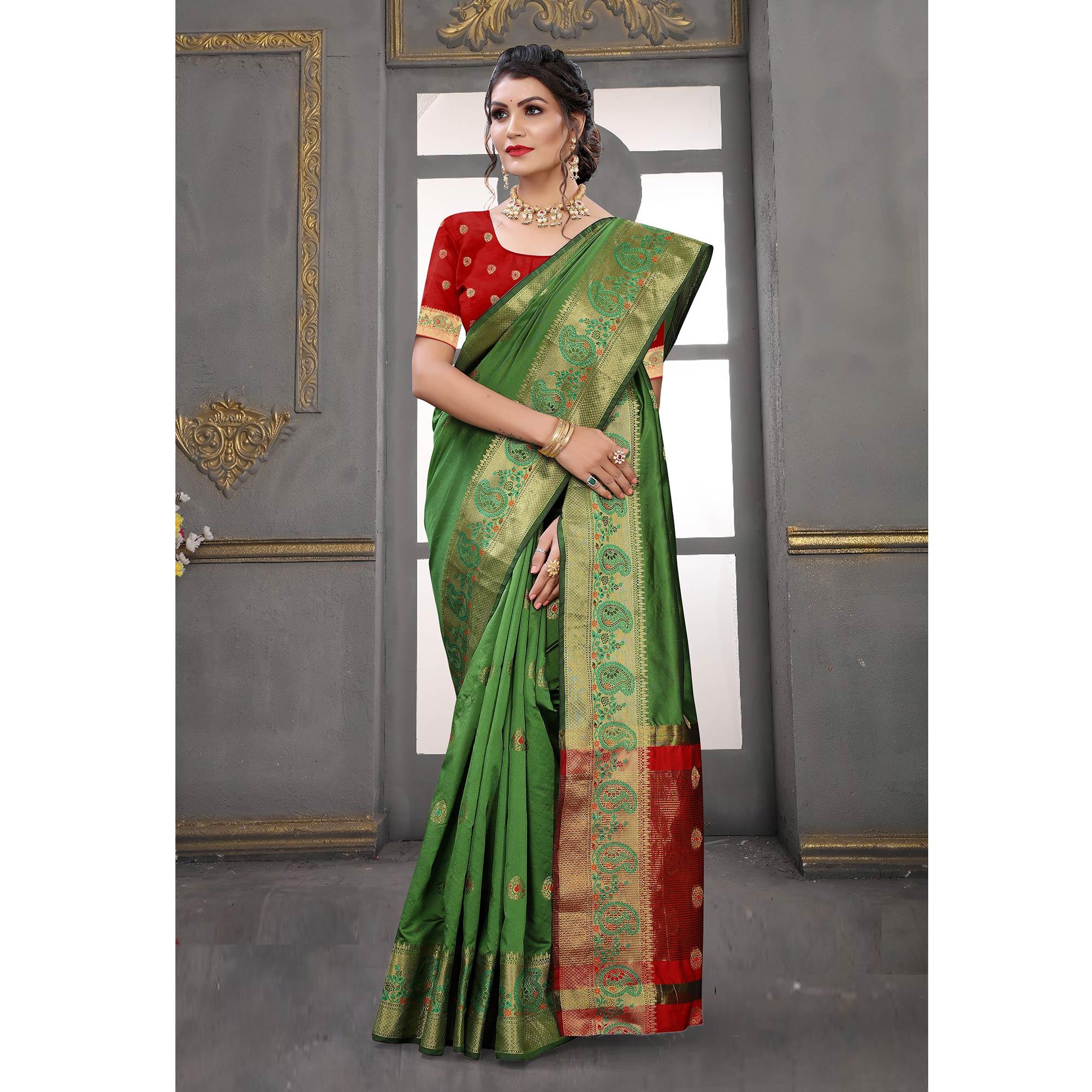 Green Festive Wear Woven With Meena Butta Lining Pallu Soft Silk Saree - Peachmode