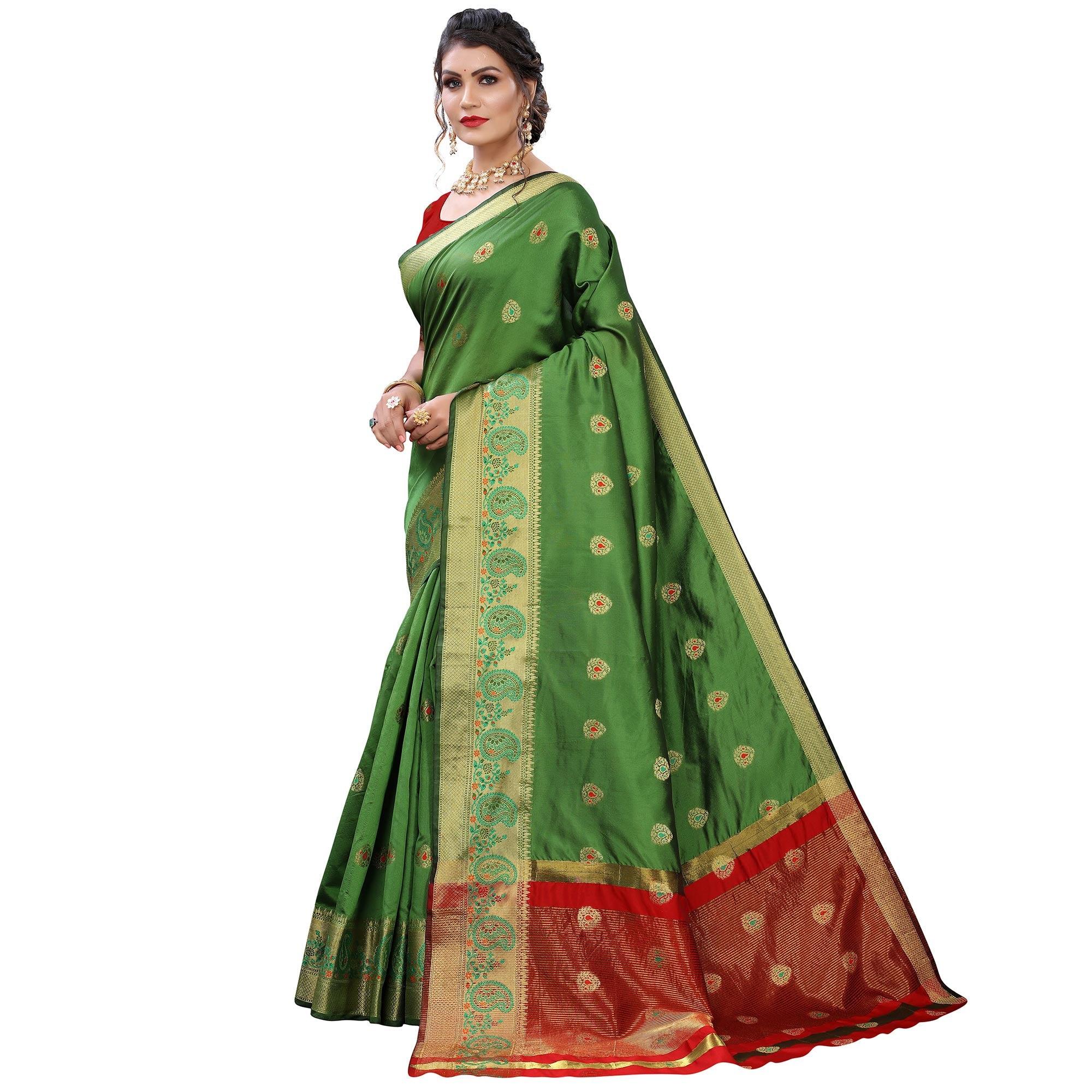 Green Festive Wear Woven With Meena Butta Lining Pallu Soft Silk Saree - Peachmode