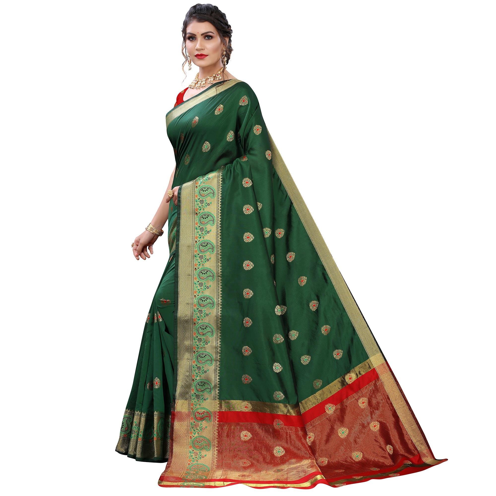 Green Festive Wear Woven With Meena Butta Lining Pallu Soft Silk Saree - Peachmode