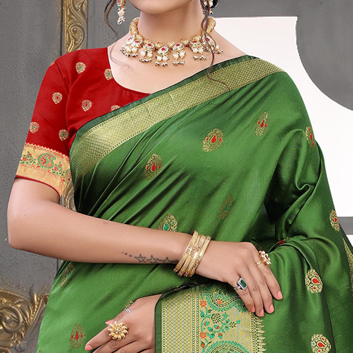 Green Festive Wear Woven With Meena Butta Lining Pallu Soft Silk Saree - Peachmode