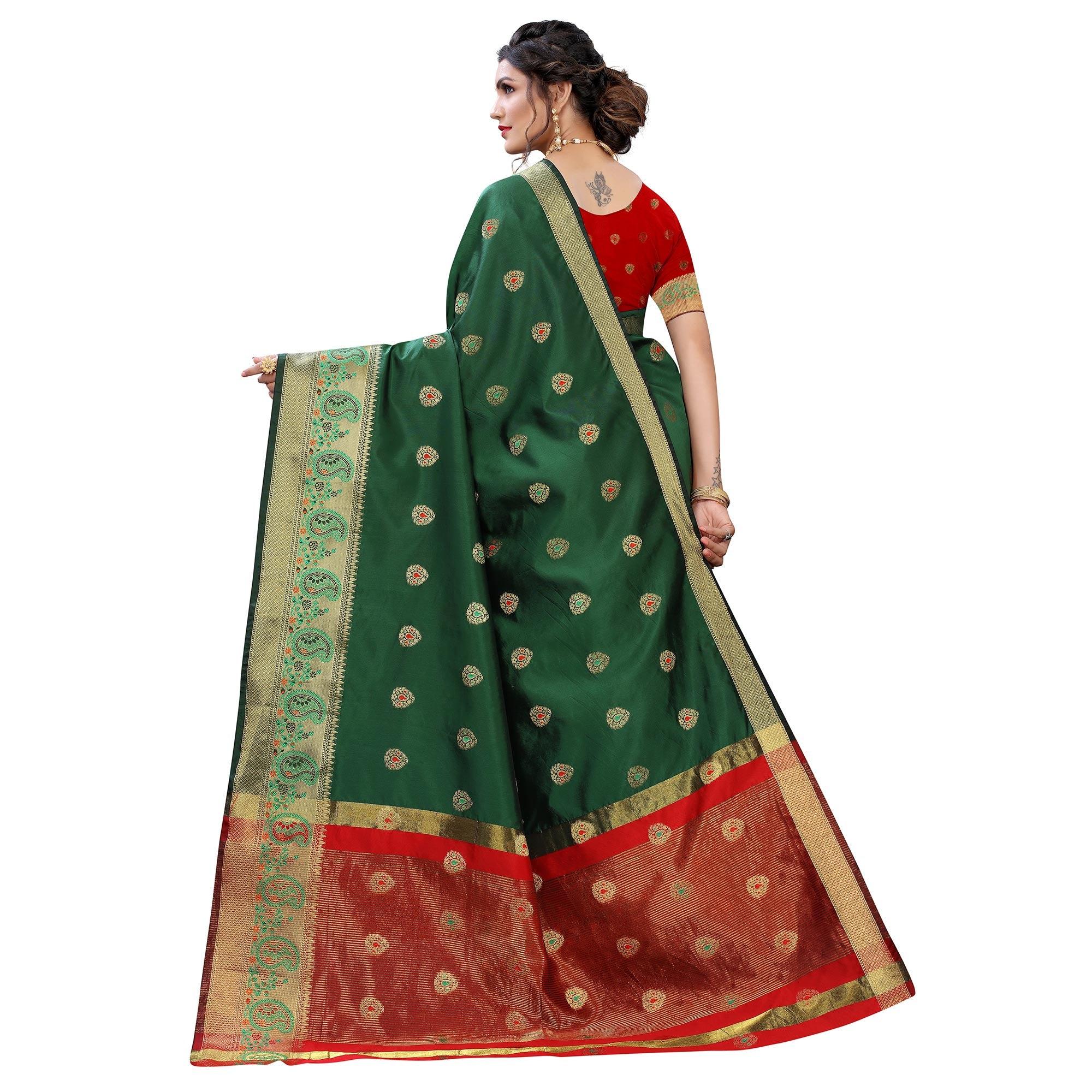 Green Festive Wear Woven With Meena Butta Lining Pallu Soft Silk Saree - Peachmode
