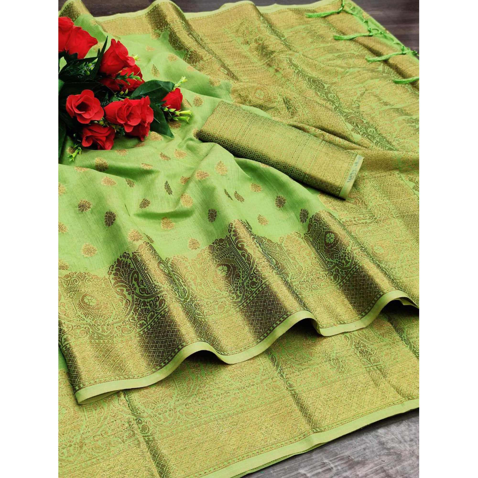 Green Festive Wear Woven With  Meena Butta Rich Pallu Cotton Saree - Peachmode