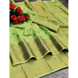 Green Festive Wear Woven With  Meena Butta Rich Pallu Cotton Saree - Peachmode