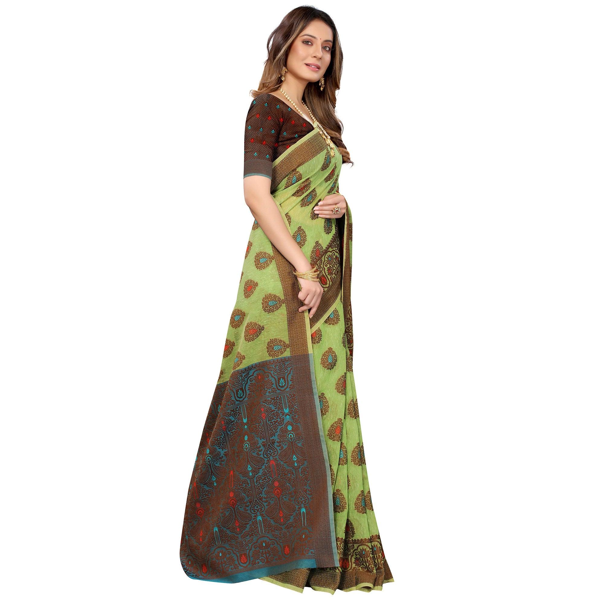 Green Festive Wear Woven With Meena Butta Rich Pallu Cotton Saree - Peachmode