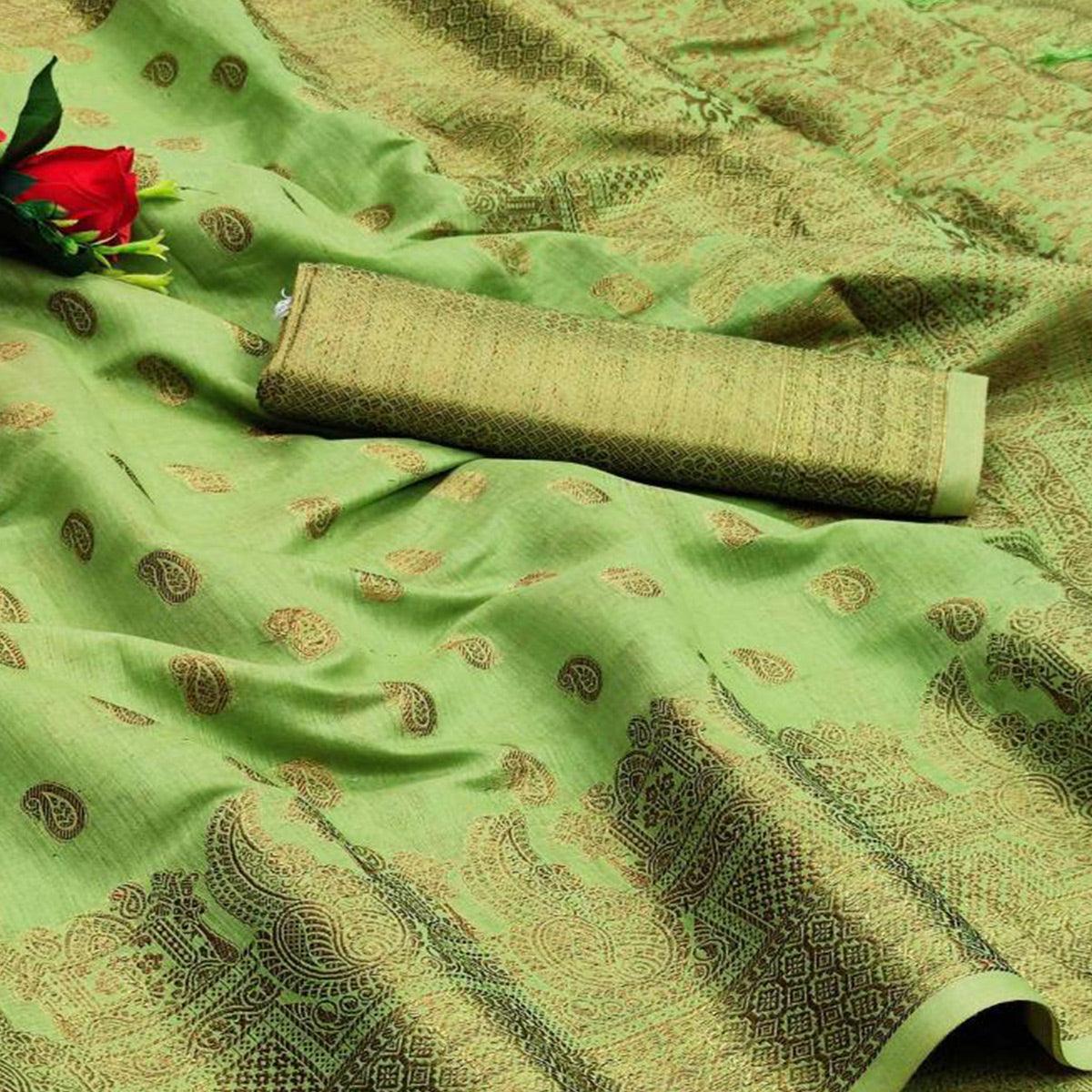 Green Festive Wear Woven With  Meena Butta Rich Pallu Cotton Saree - Peachmode