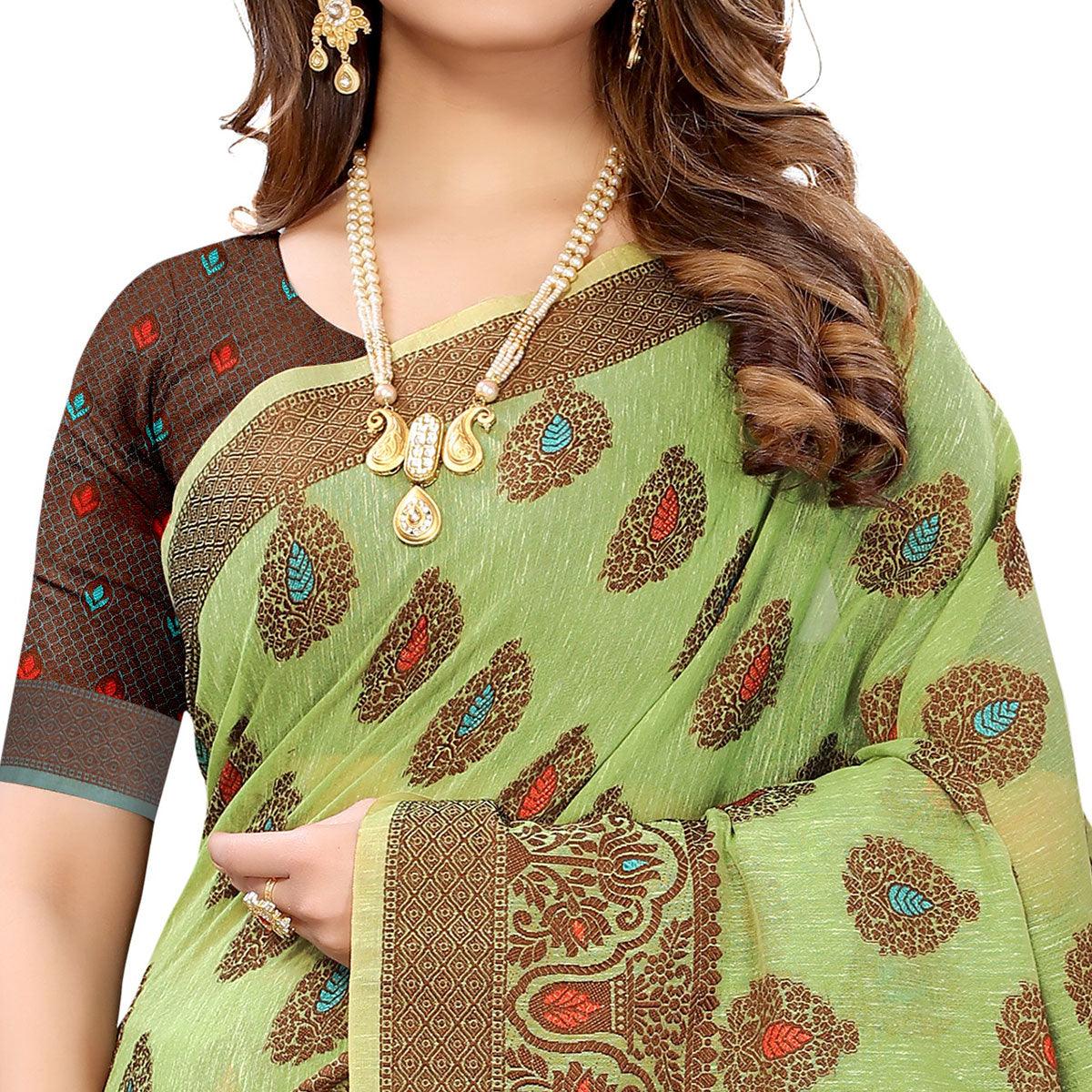 Green Festive Wear Woven With Meena Butta Rich Pallu Cotton Saree - Peachmode