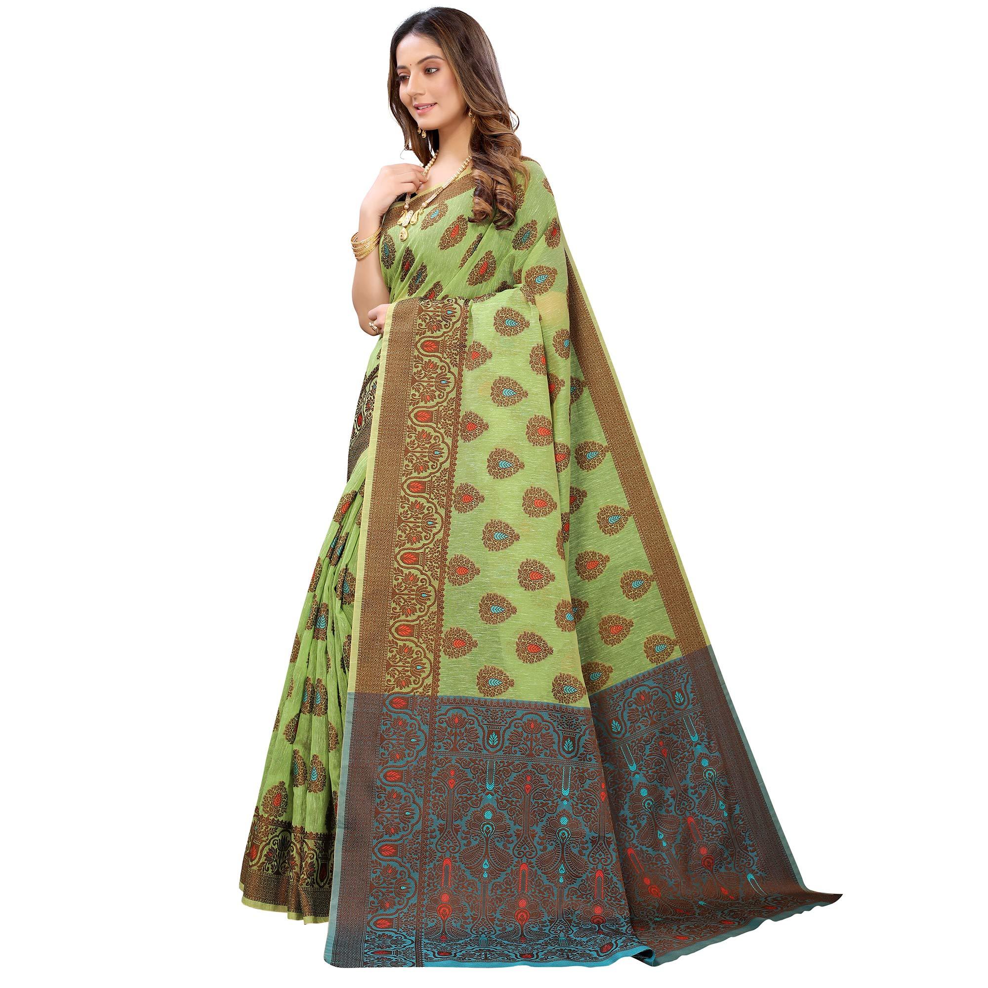 Green Festive Wear Woven With Meena Butta Rich Pallu Cotton Saree - Peachmode