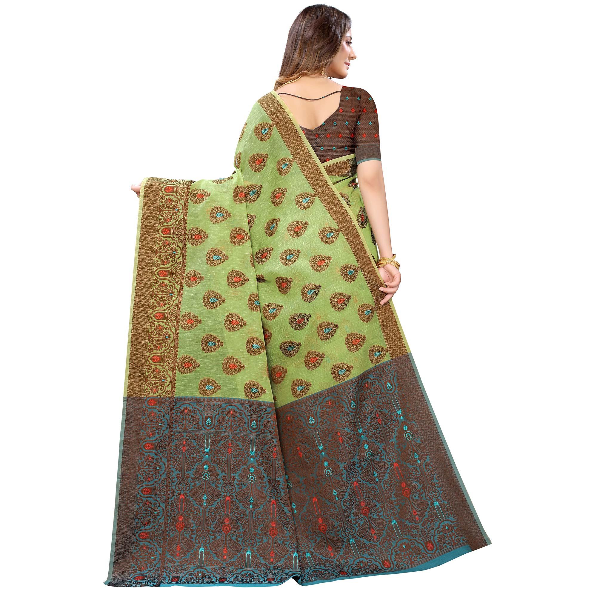 Green Festive Wear Woven With Meena Butta Rich Pallu Cotton Saree - Peachmode