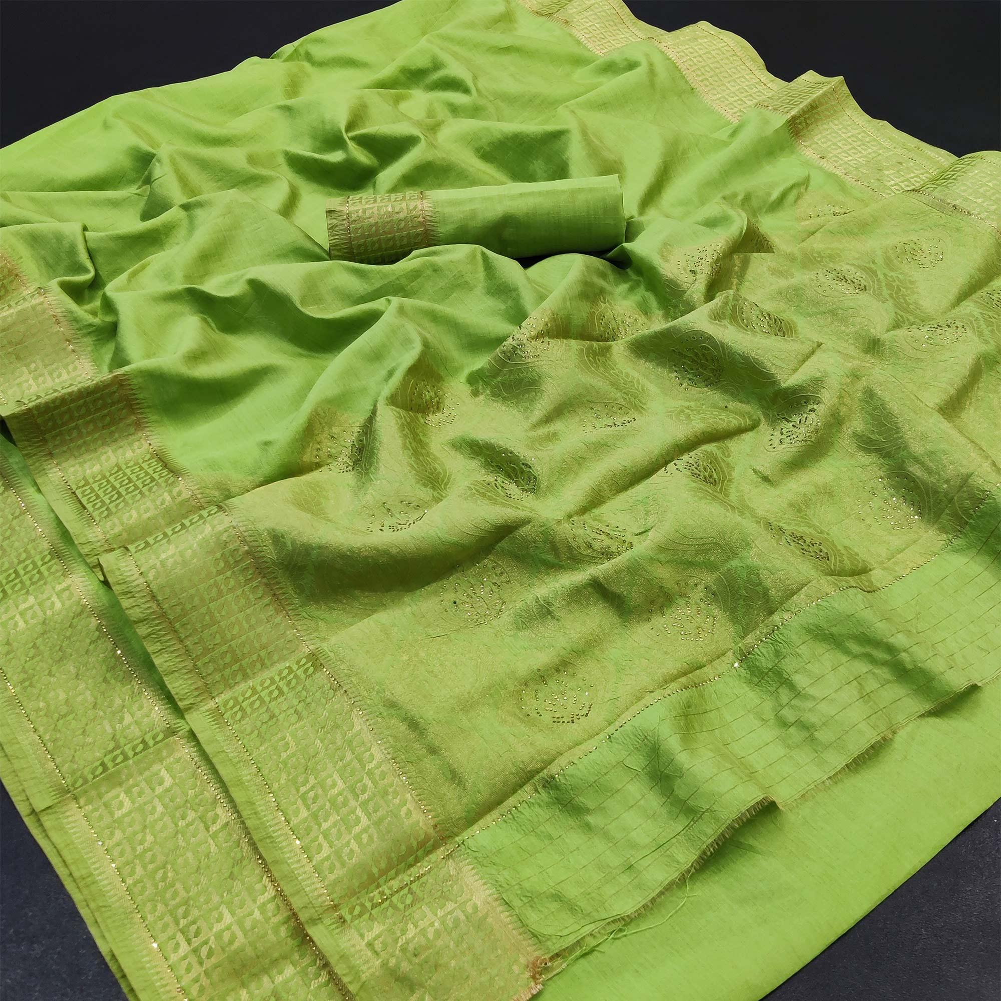 Green Festive Wear Woven With Stone Work Silk Saree - Peachmode