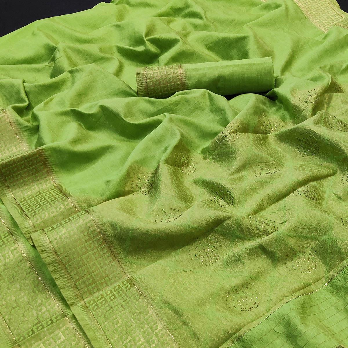Green Festive Wear Woven With Stone Work Silk Saree - Peachmode