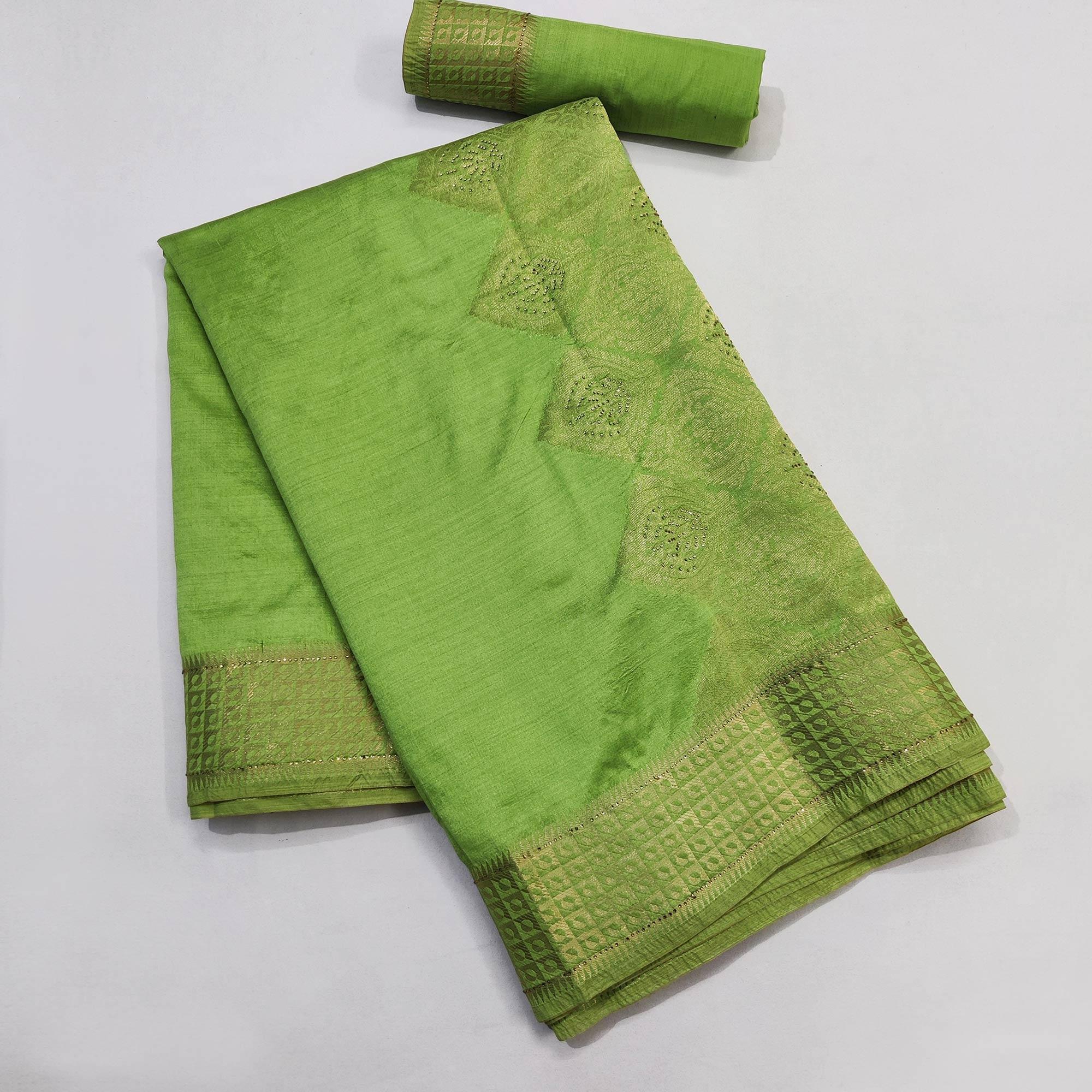 Green Festive Wear Woven With Stone Work Silk Saree - Peachmode