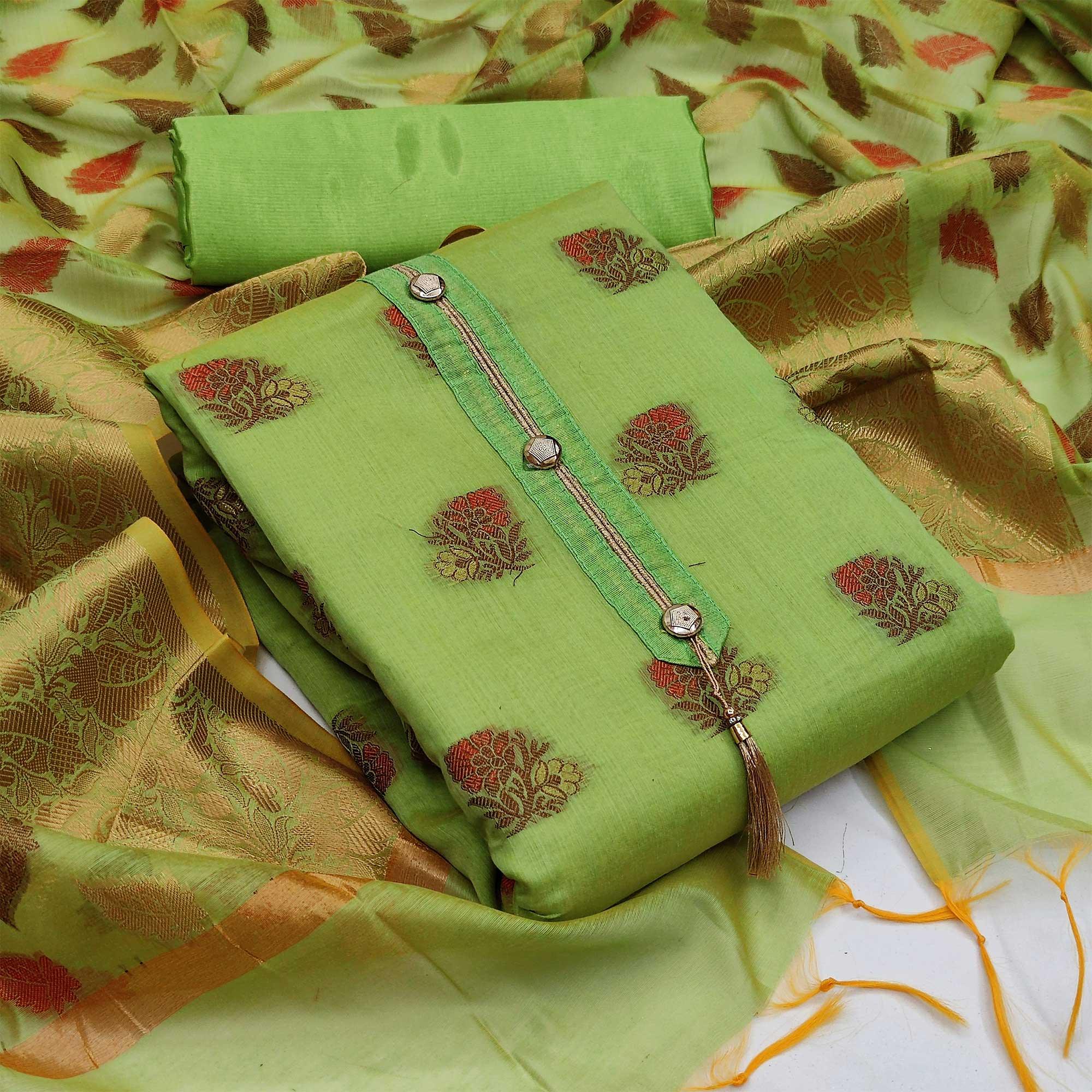 Green Festive Wear Woven Work Banarasi Jacquard Dress Material - Peachmode