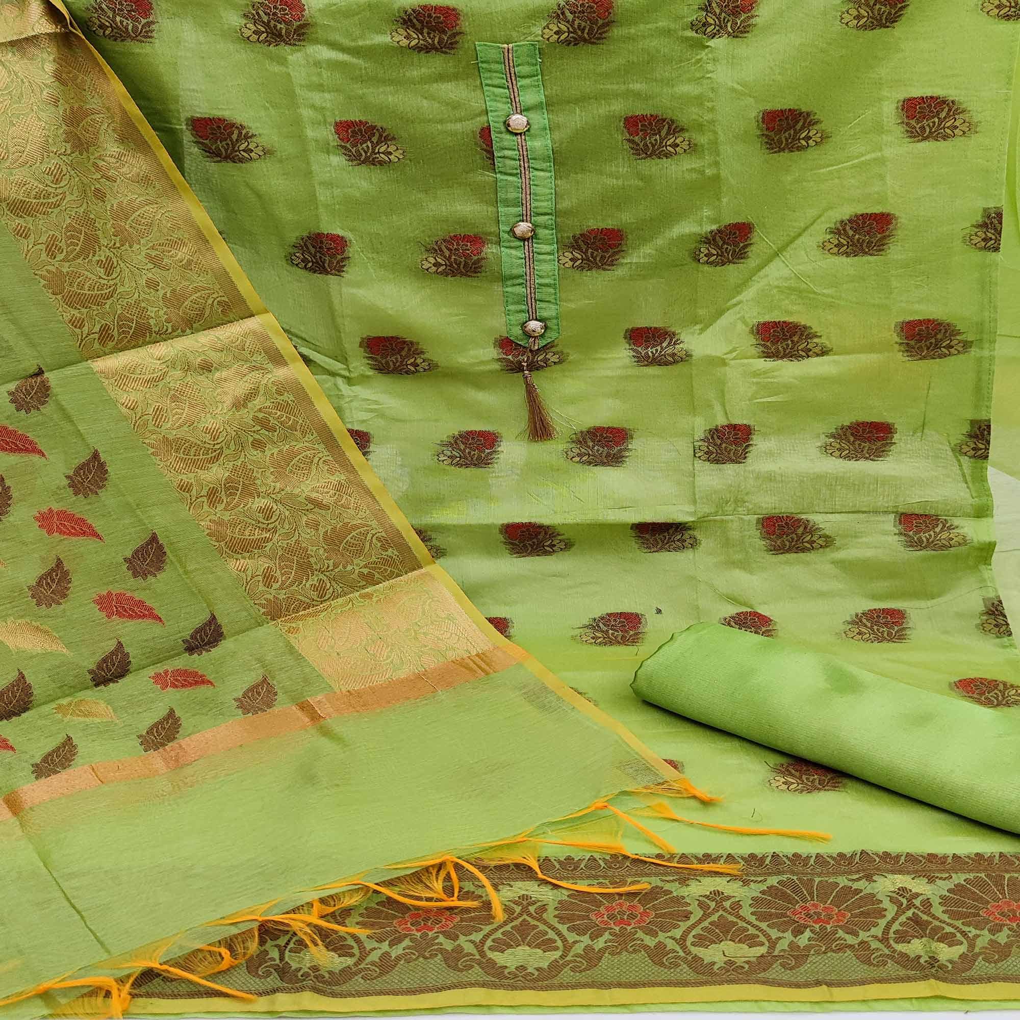 Green Festive Wear Woven Work Banarasi Jacquard Dress Material - Peachmode