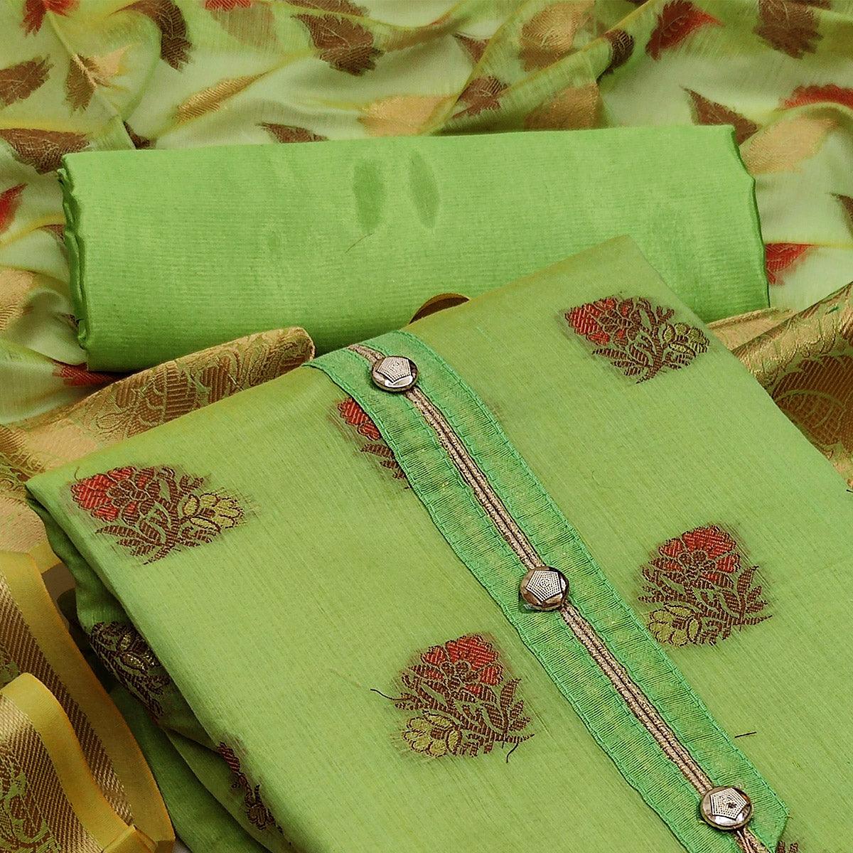 Green Festive Wear Woven Work Banarasi Jacquard Dress Material - Peachmode