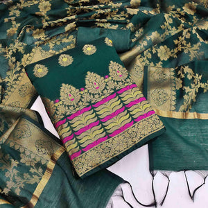Green Festive Wear Woven Work with Tassels Banarasi Jacquard Dress Material - Peachmode