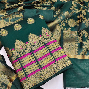 Green Festive Wear Woven Work with Tassels Banarasi Jacquard Dress Material - Peachmode