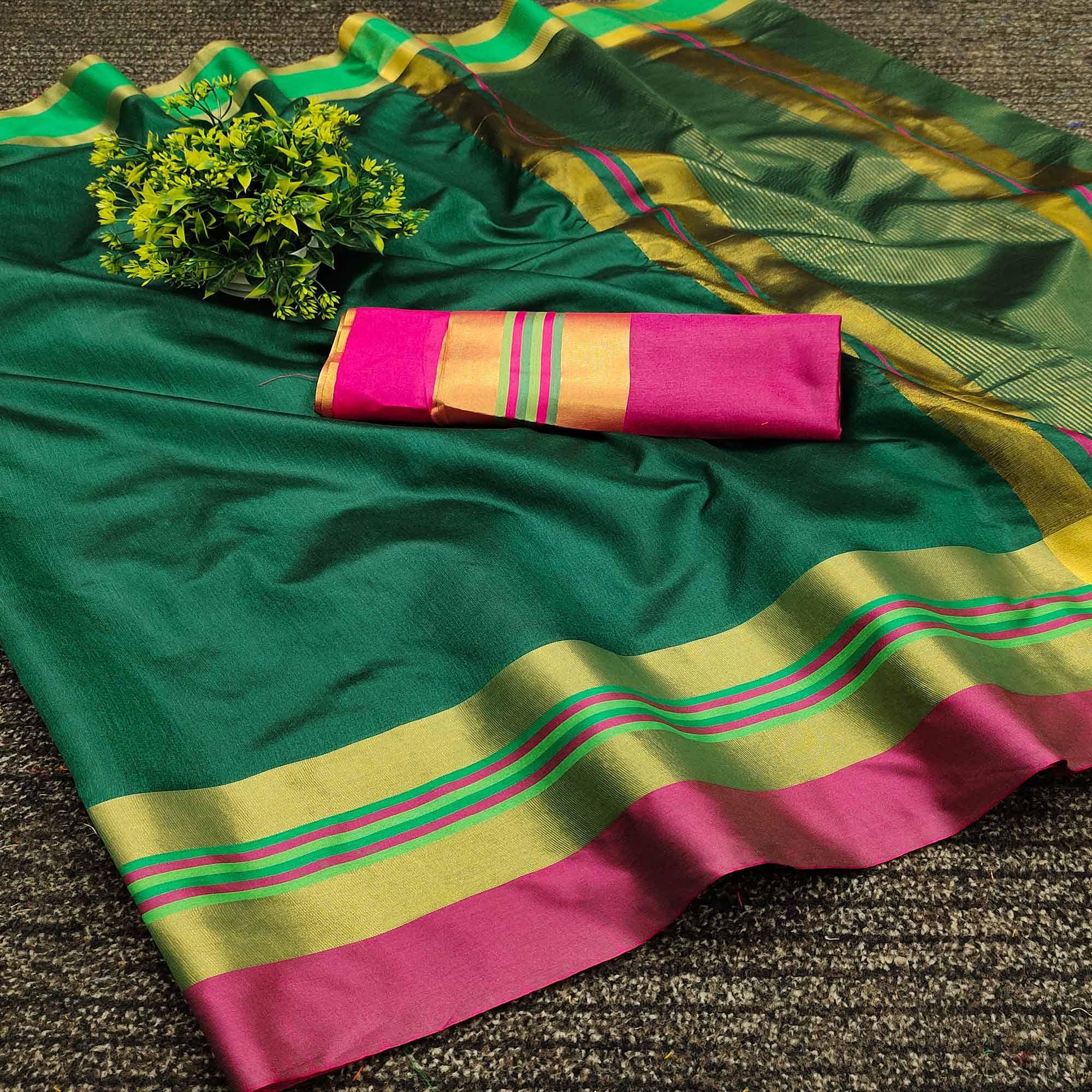 Green Festive Wear Zari Border Cotton Blend Saree - Peachmode