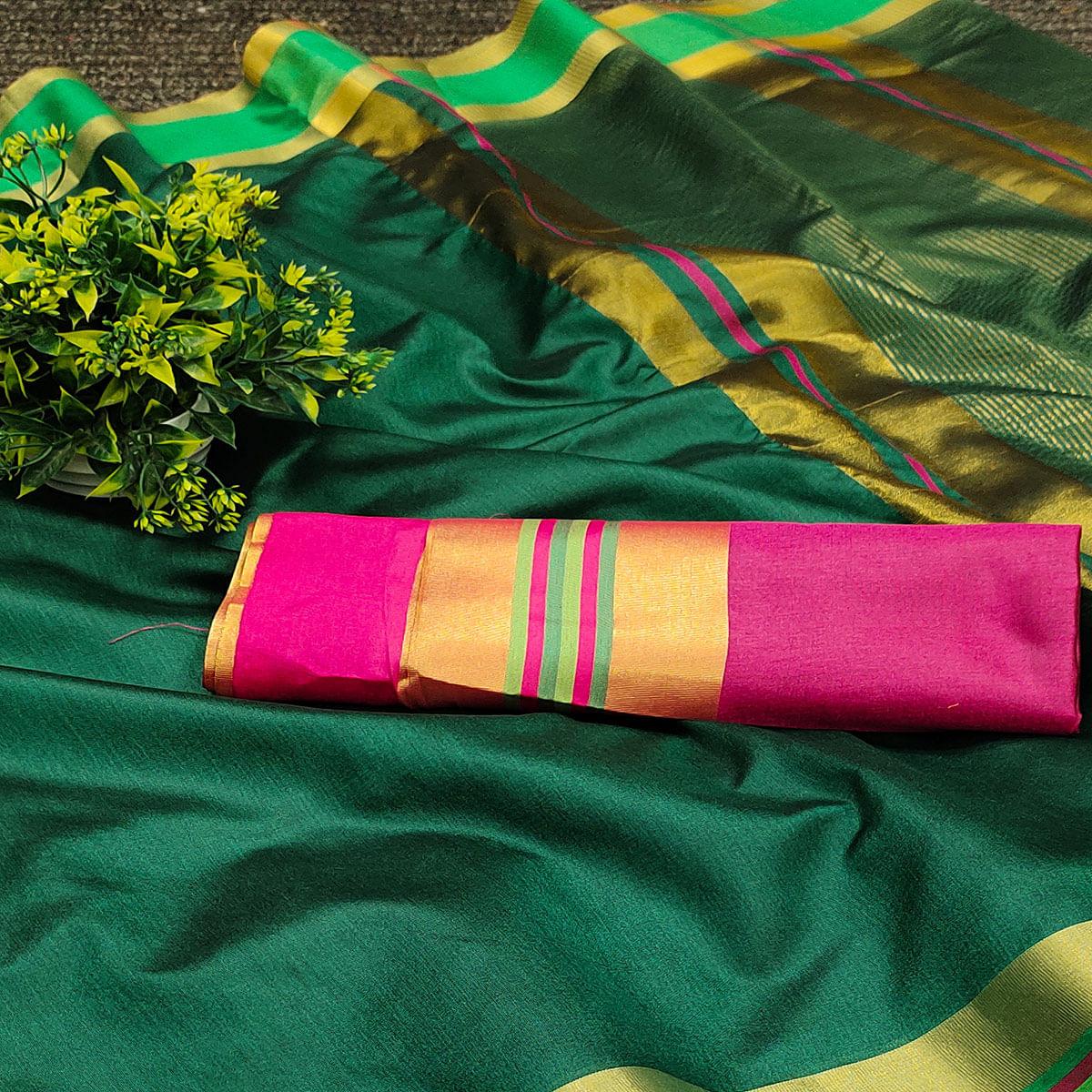 Green Festive Wear Zari Border Cotton Blend Saree - Peachmode