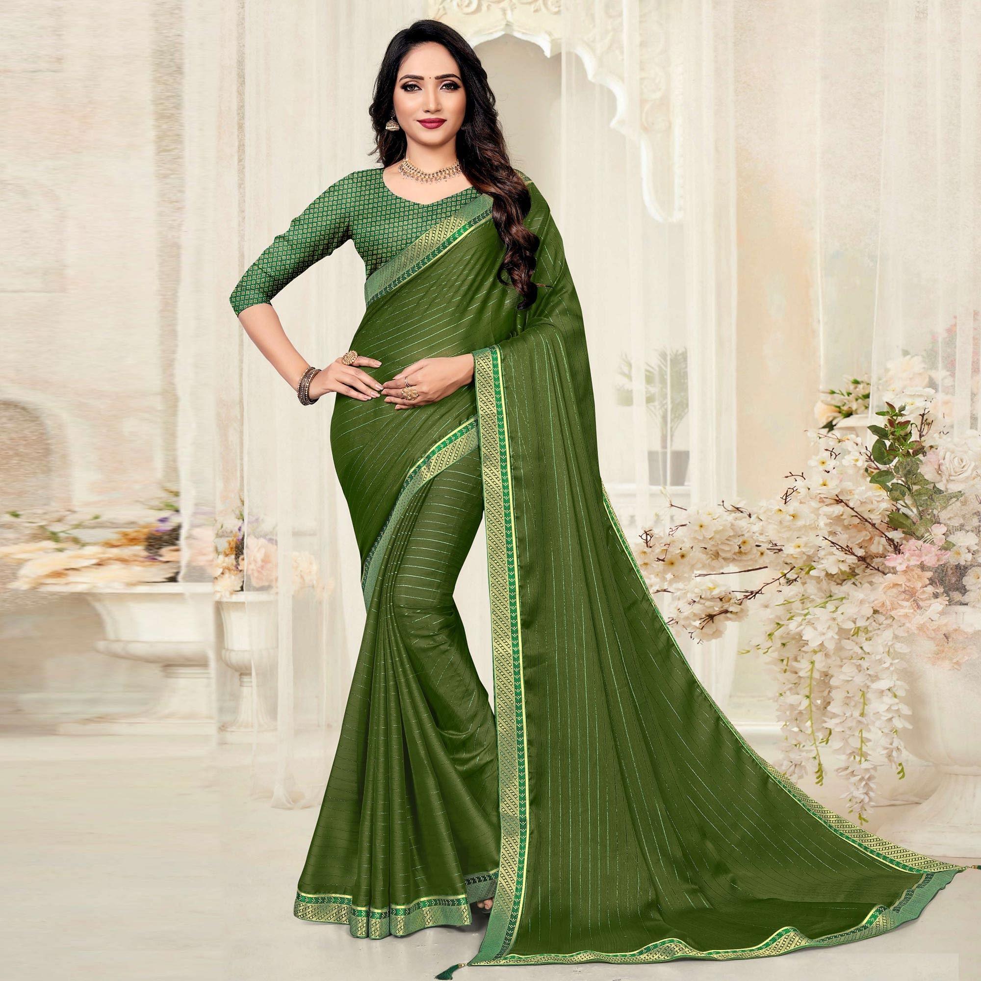 Green Festive Wear Zari Chiffon Saree - Peachmode