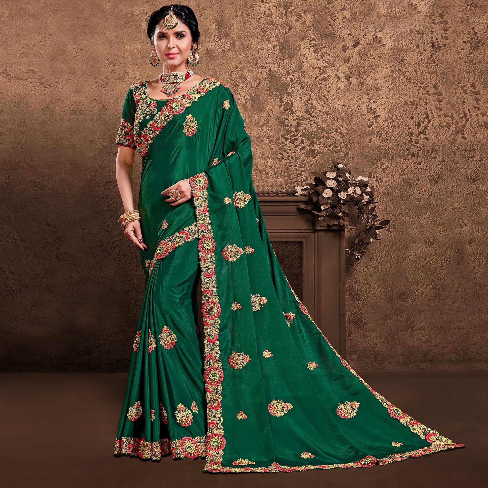 Green Festive Wear Zari Embroidered Silk Designer Saree - Peachmode