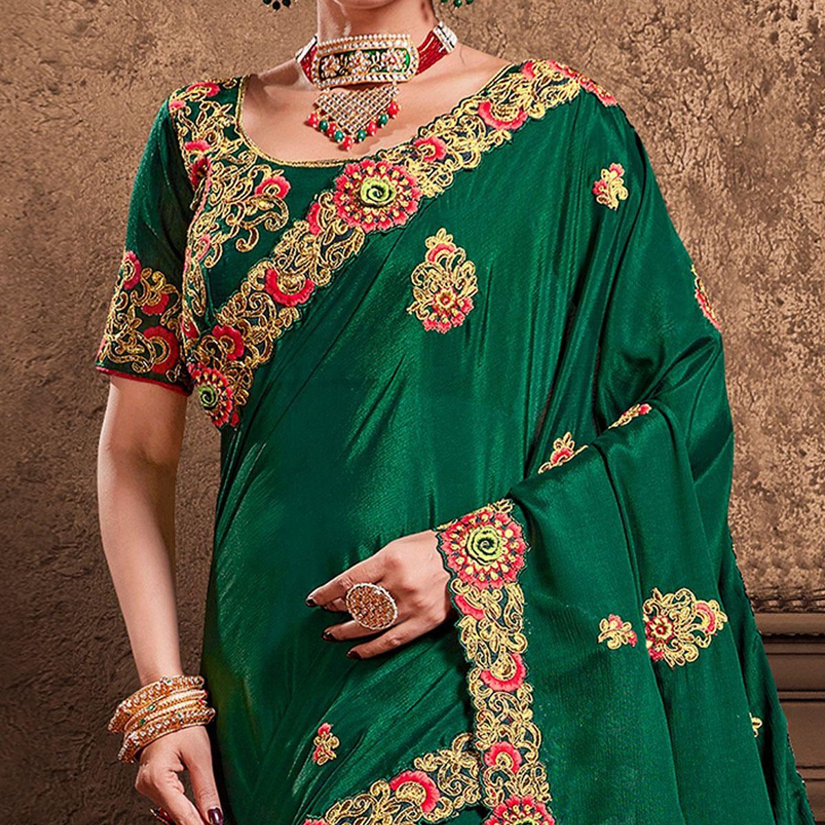Green Festive Wear Zari Embroidered Silk Designer Saree - Peachmode