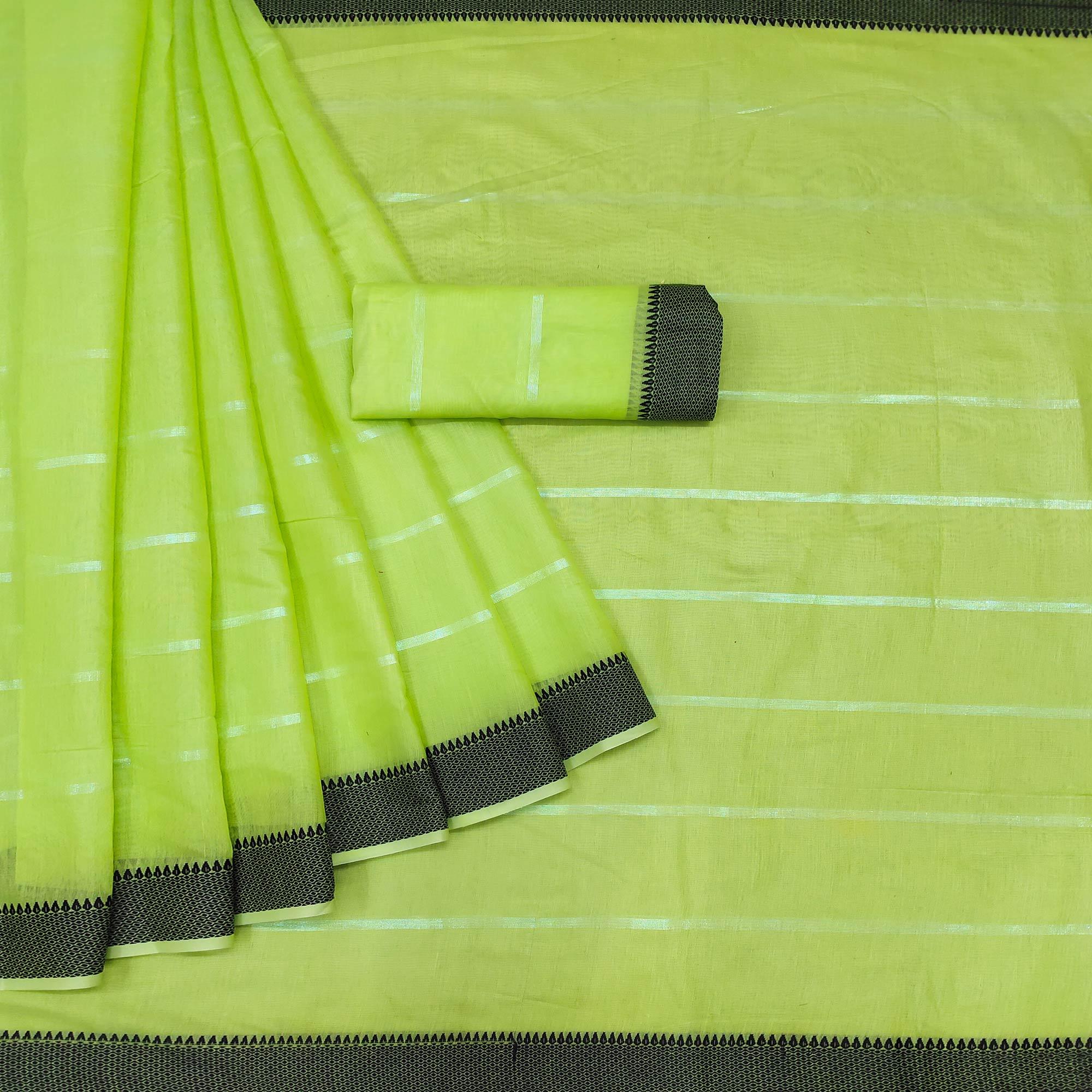 Green Festive Wear Zari Stripe Cotton Saree - Peachmode