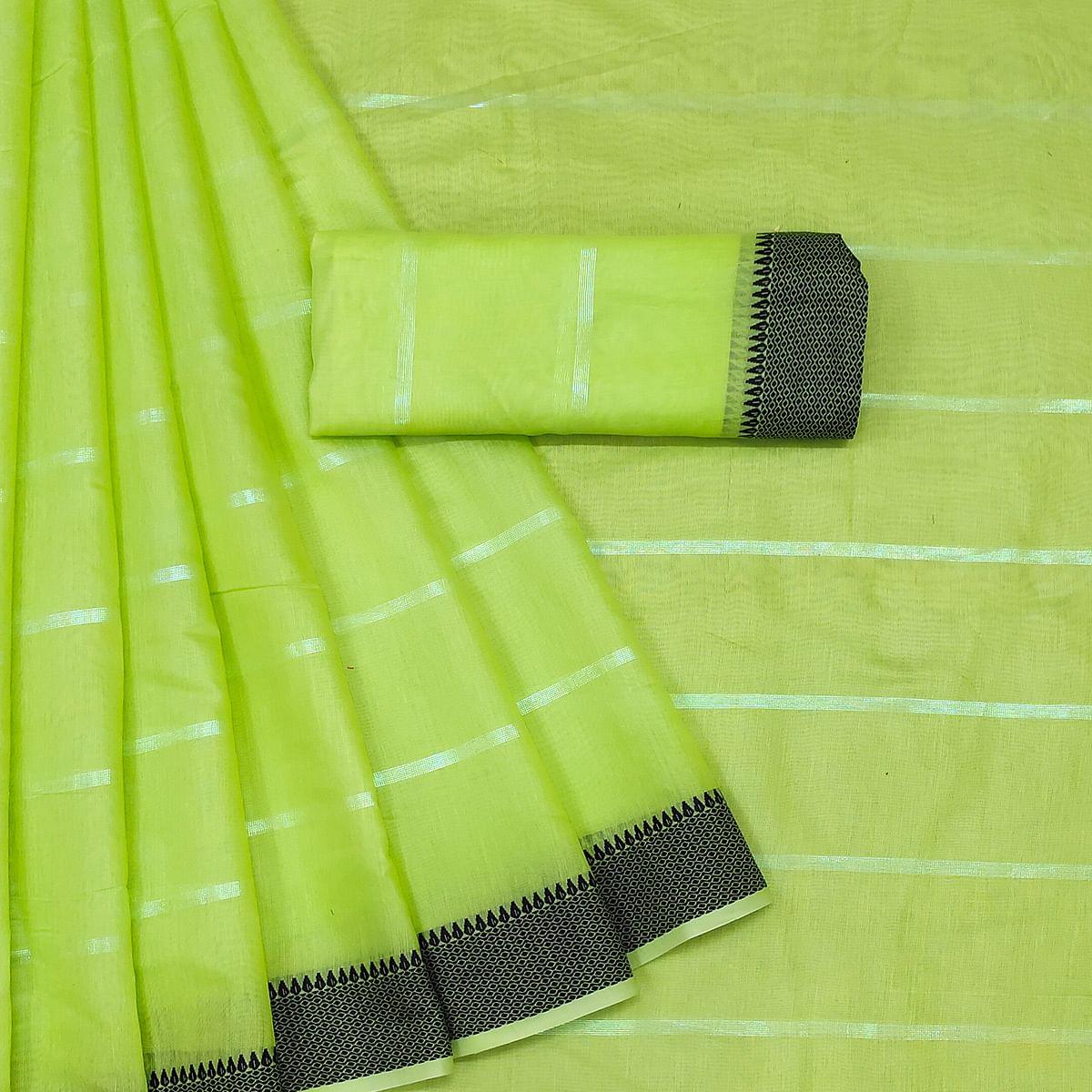 Green Festive Wear Zari Stripe Cotton Saree - Peachmode
