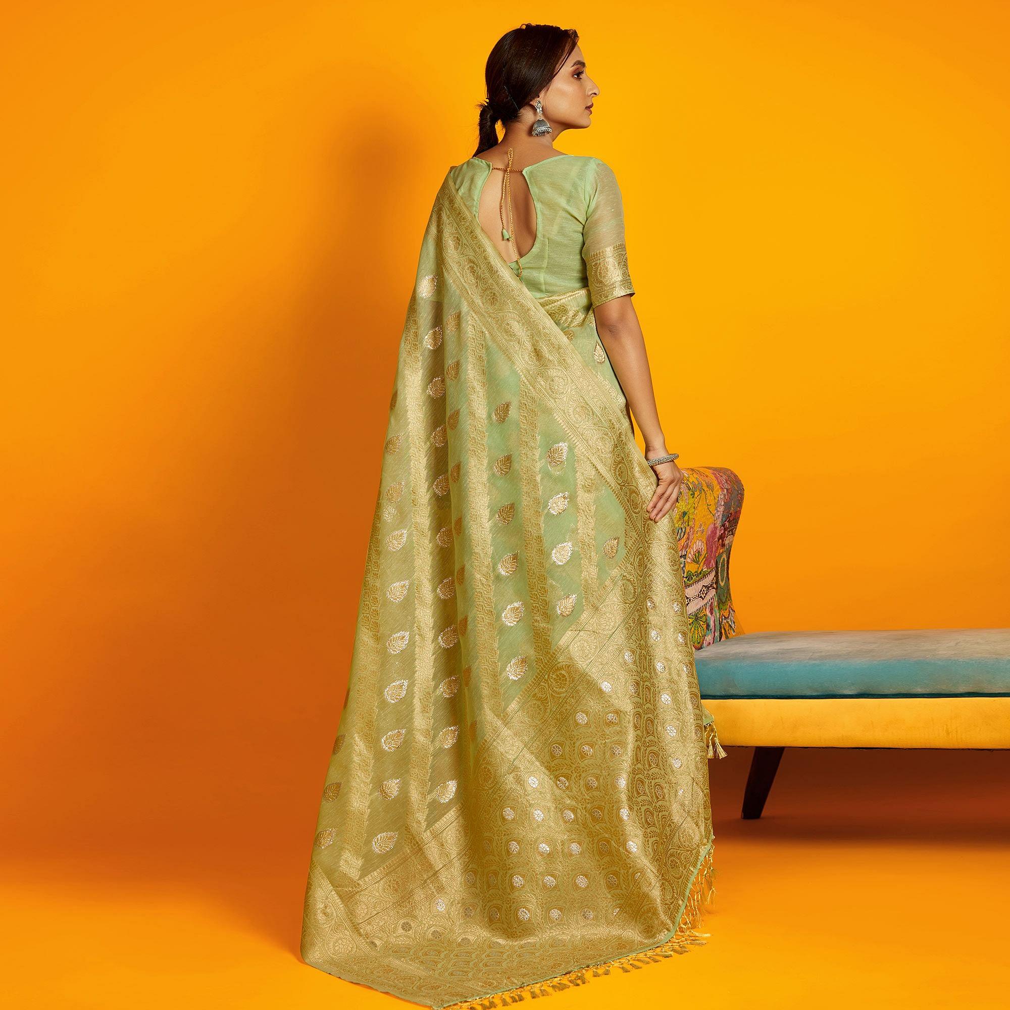 Green Festive Wear Zari Work Cotton Saree - Peachmode