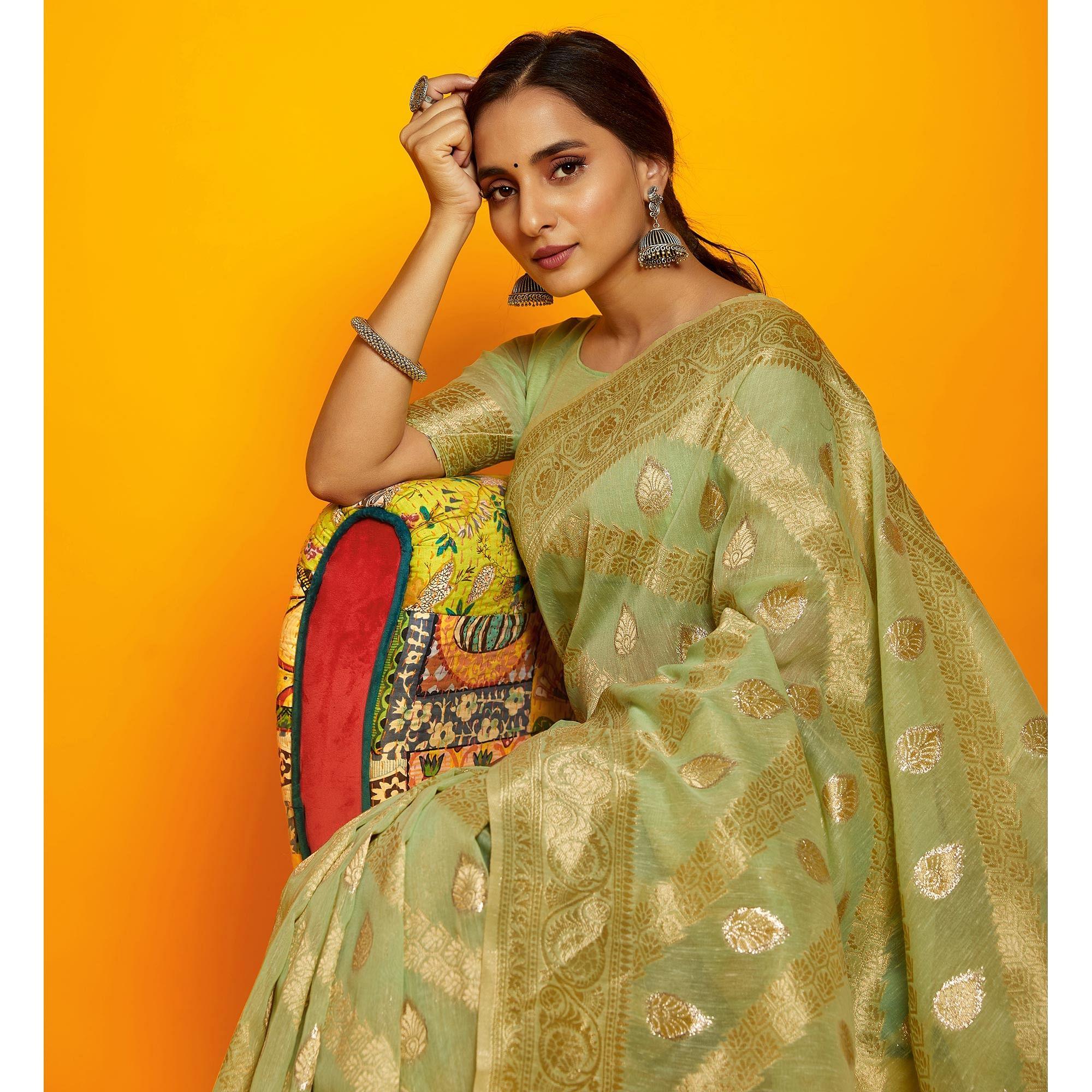 Green Festive Wear Zari Work Cotton Saree - Peachmode