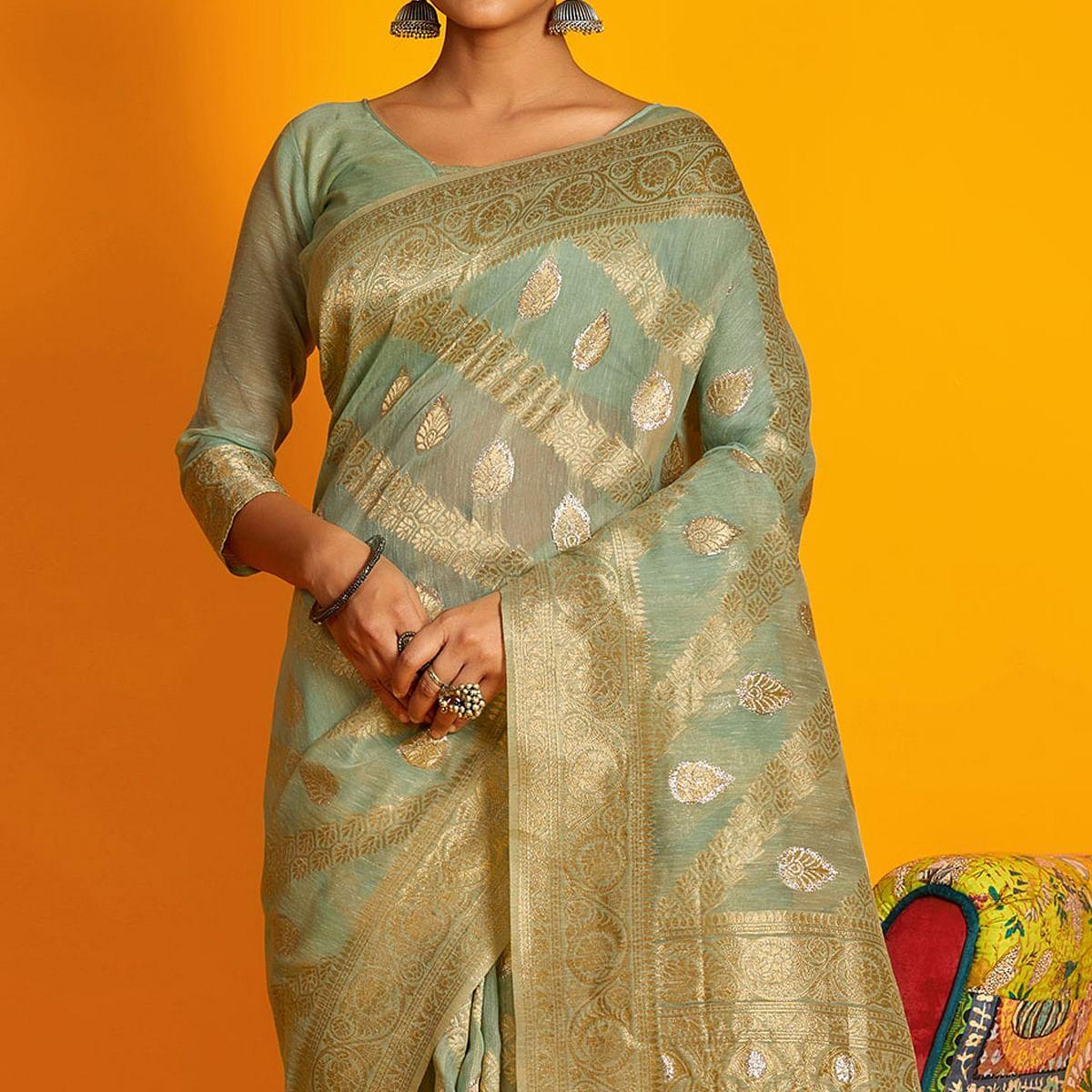 Green Festive Wear Zari Work Cotton Saree - Peachmode