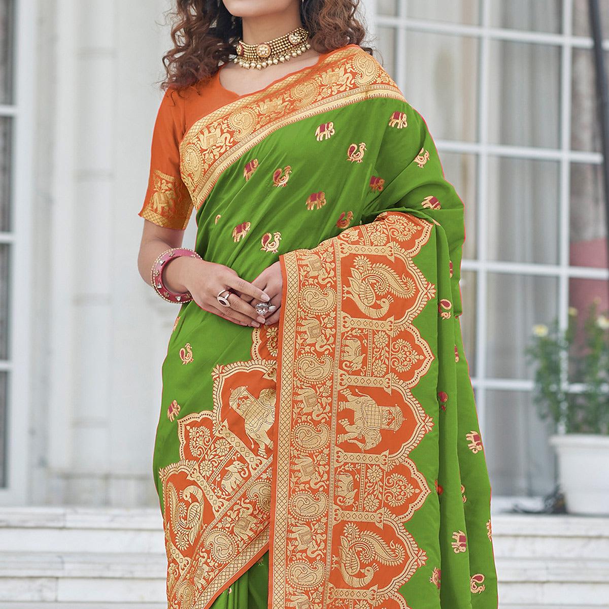 Green Festive Wear Zari Woven Banarasi Silk Saree - Peachmode