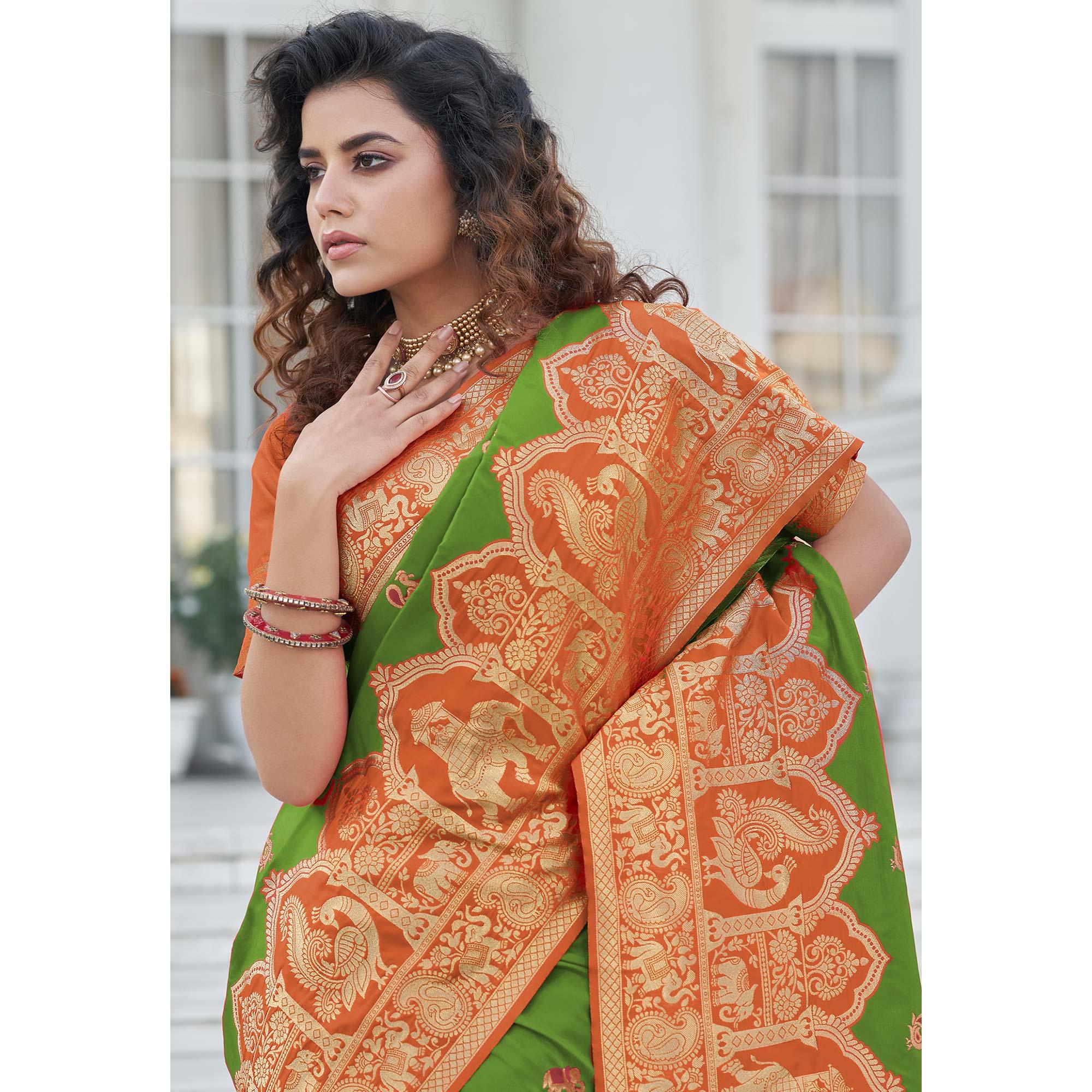 Green Festive Wear Zari Woven Banarasi Silk Saree - Peachmode