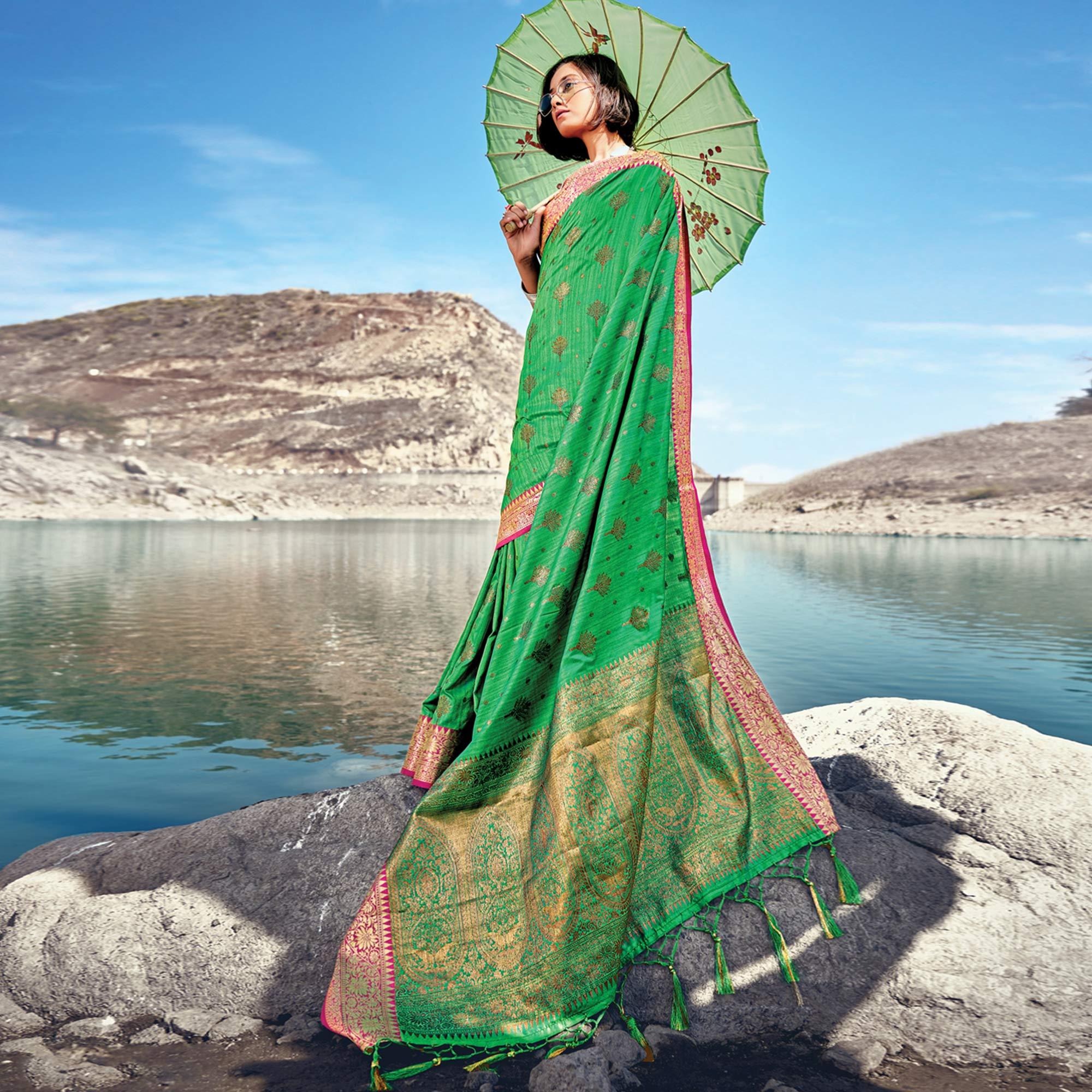 Green Festive Wear Zari Woven Banarasi Silk Saree - Peachmode