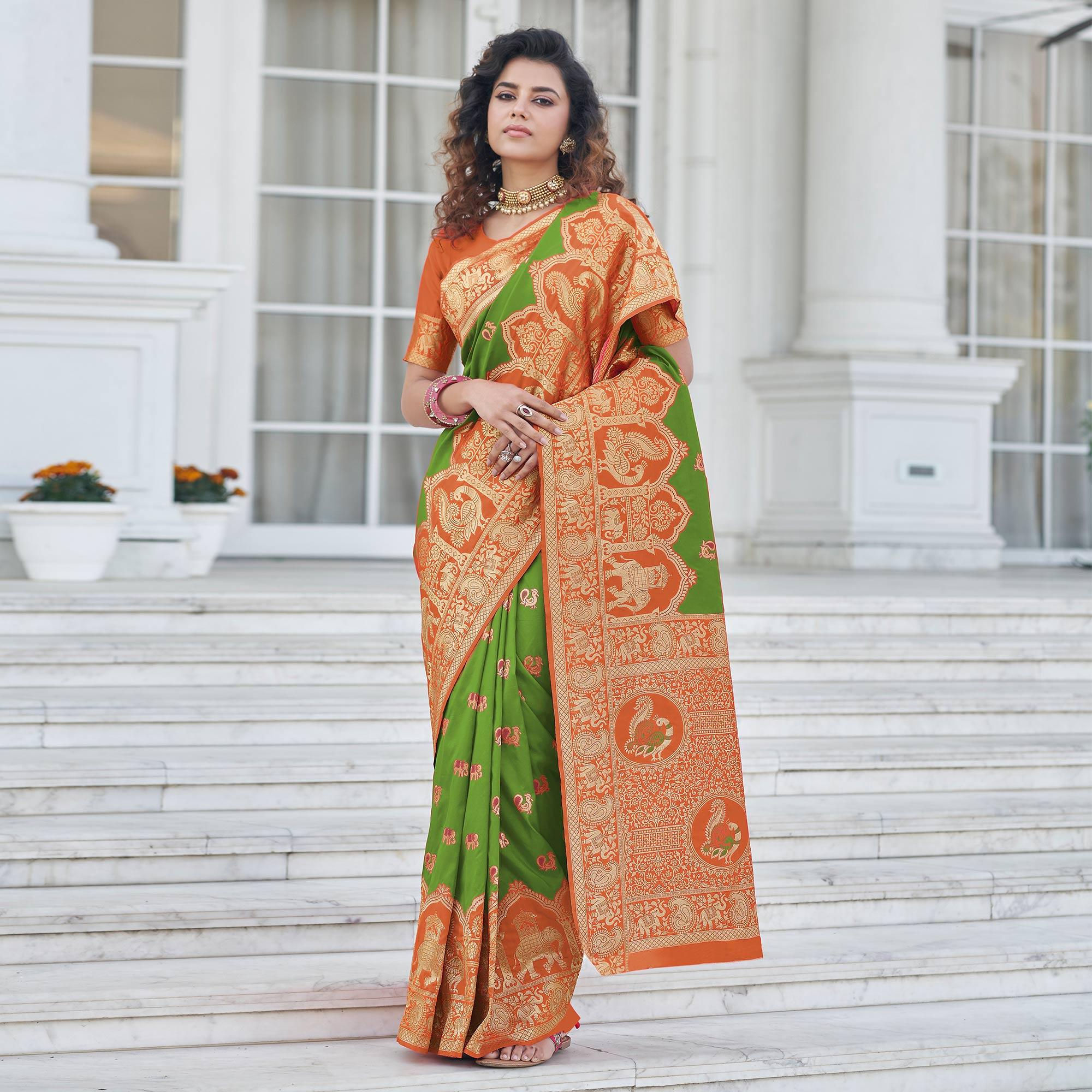 Green Festive Wear Zari Woven Banarasi Silk Saree - Peachmode