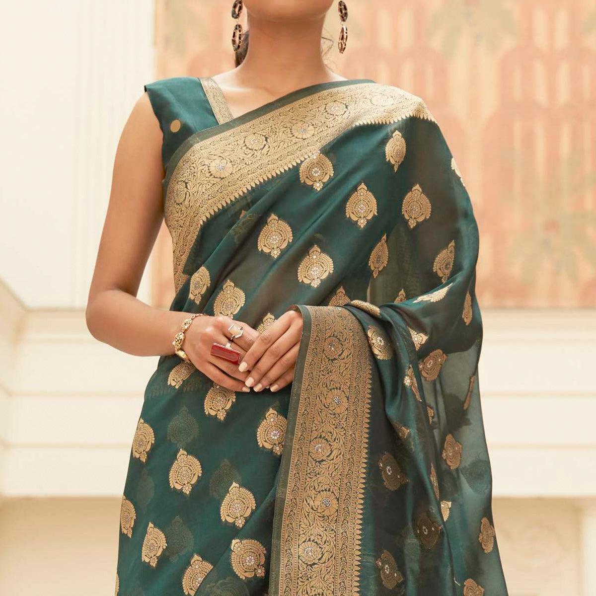 Green Festive Wear Zari Woven Organza Silk Saree With Tassels - Peachmode