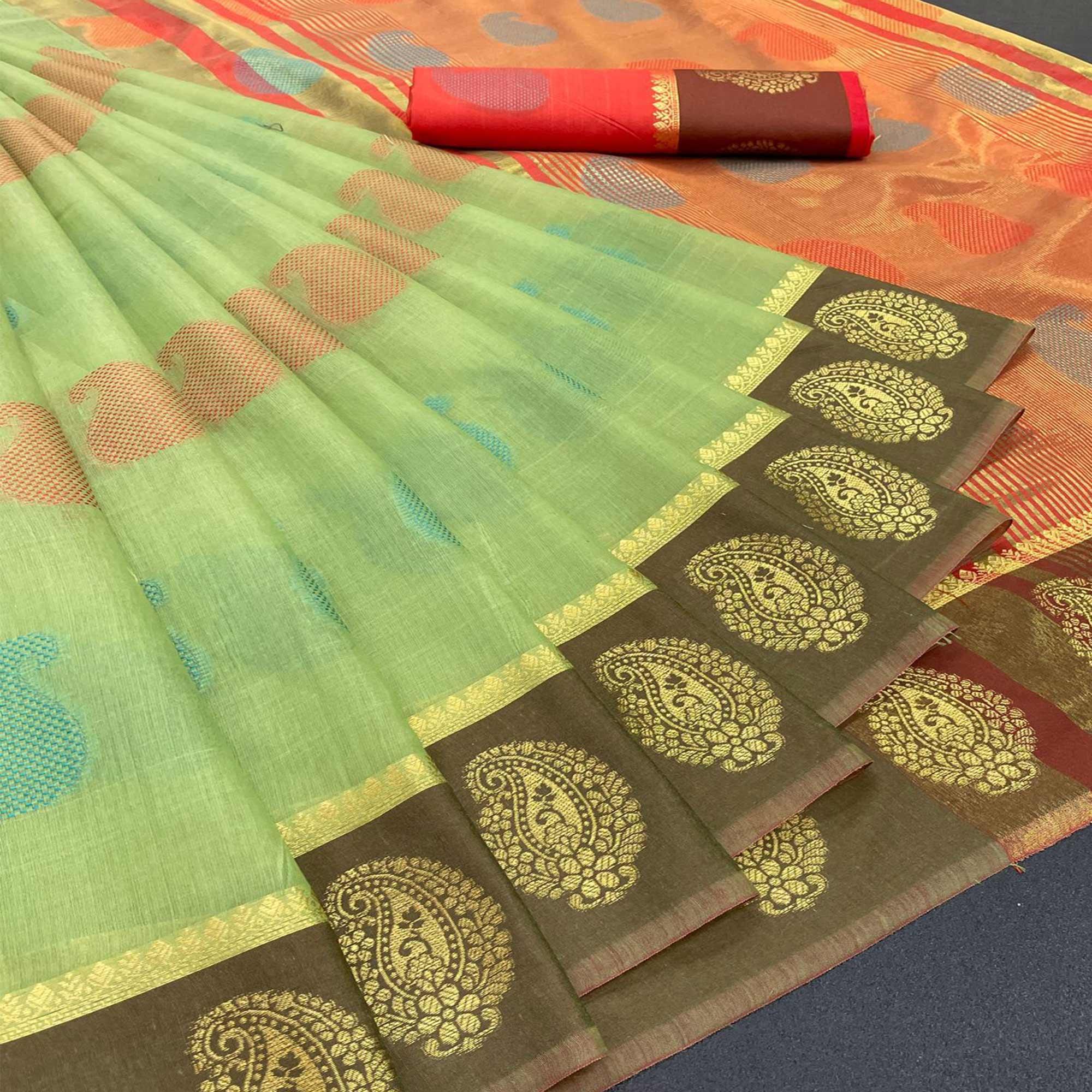 Green Festive Wear Zari Woven Soft Cotton Silk Saree - Peachmode