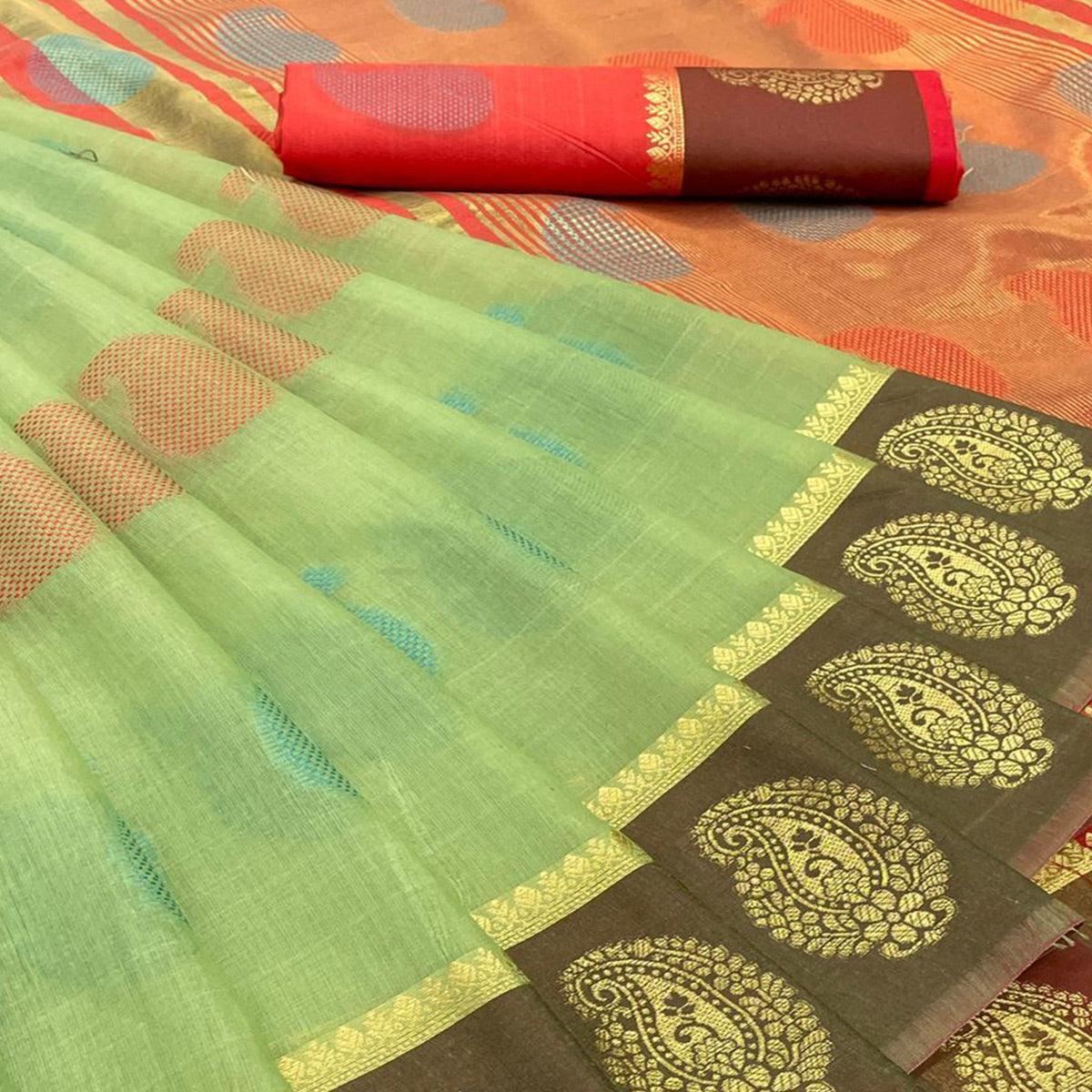 Green Festive Wear Zari Woven Soft Cotton Silk Saree - Peachmode