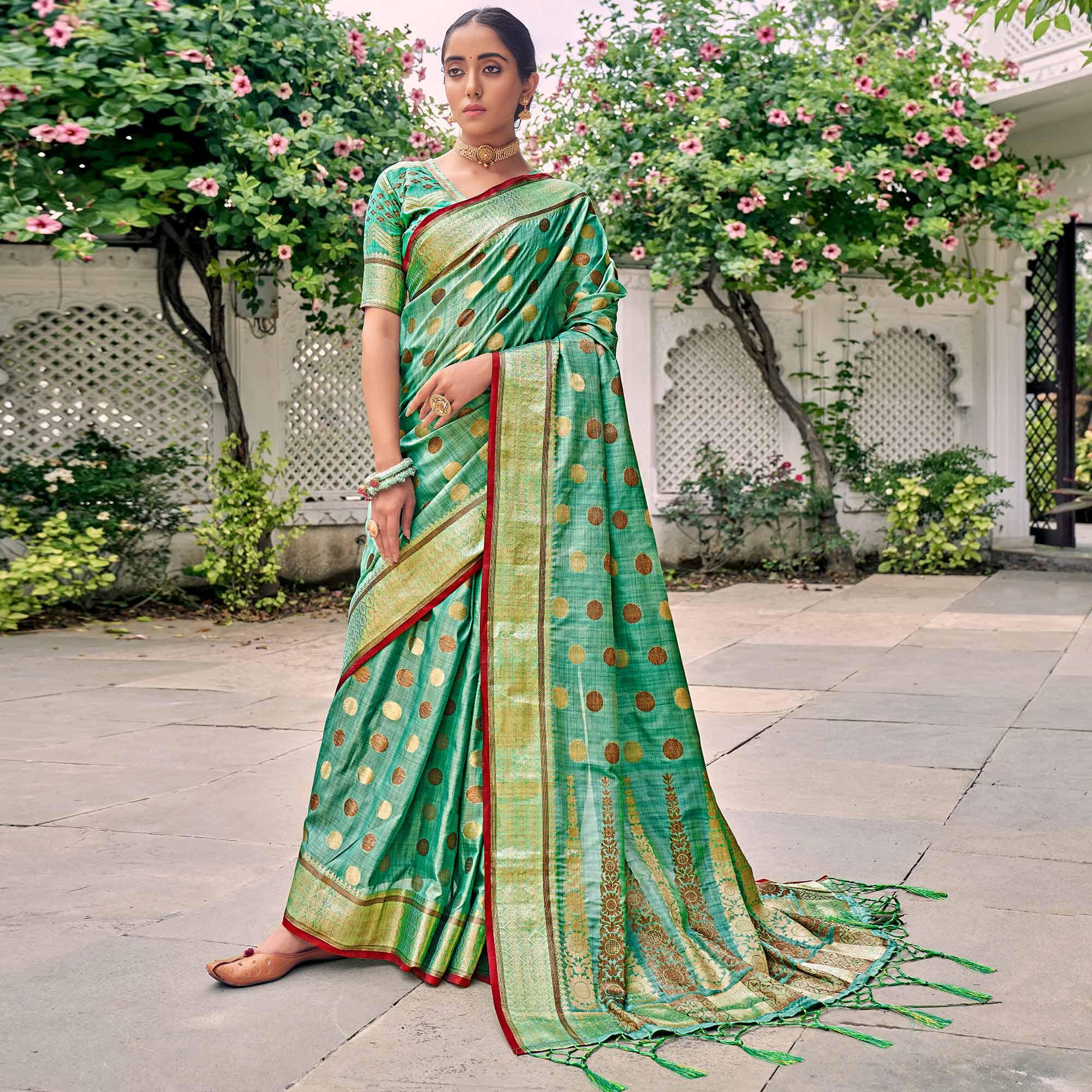 Green Festive Wear Zari Woven Soft Ghichaa Silk Saree - Peachmode