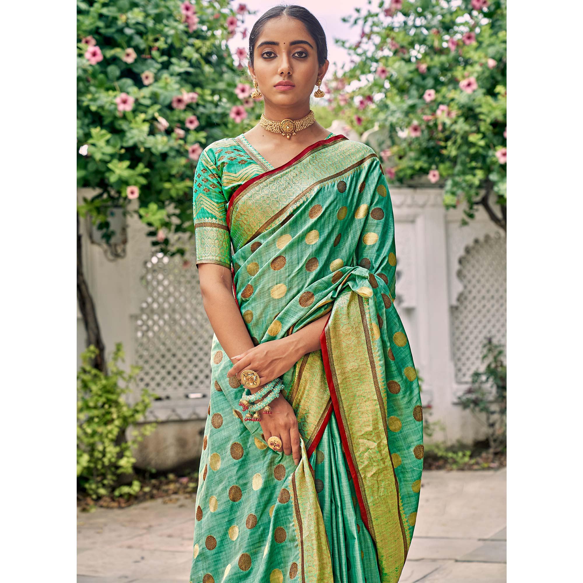 Green Festive Wear Zari Woven Soft Ghichaa Silk Saree - Peachmode
