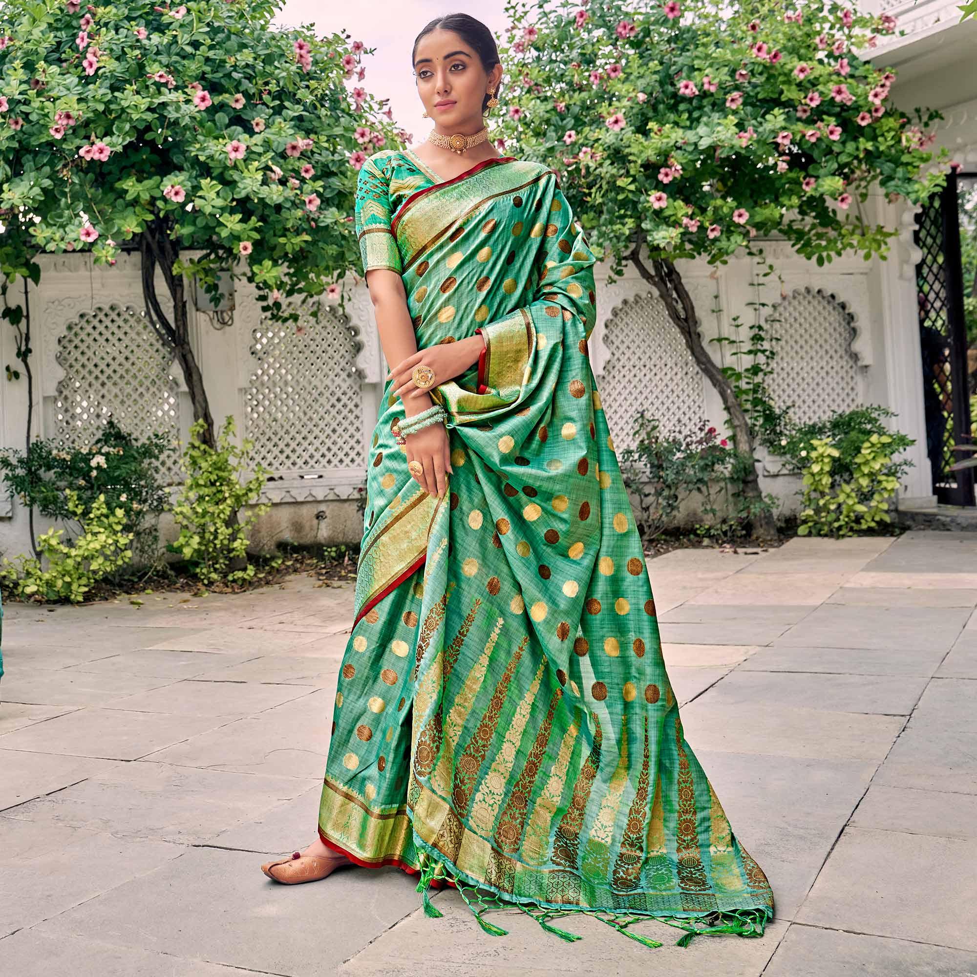 Green Festive Wear Zari Woven Soft Ghichaa Silk Saree - Peachmode