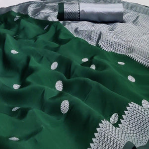 Green Festive Wear Zari Woven Soft Silk Saree - Peachmode