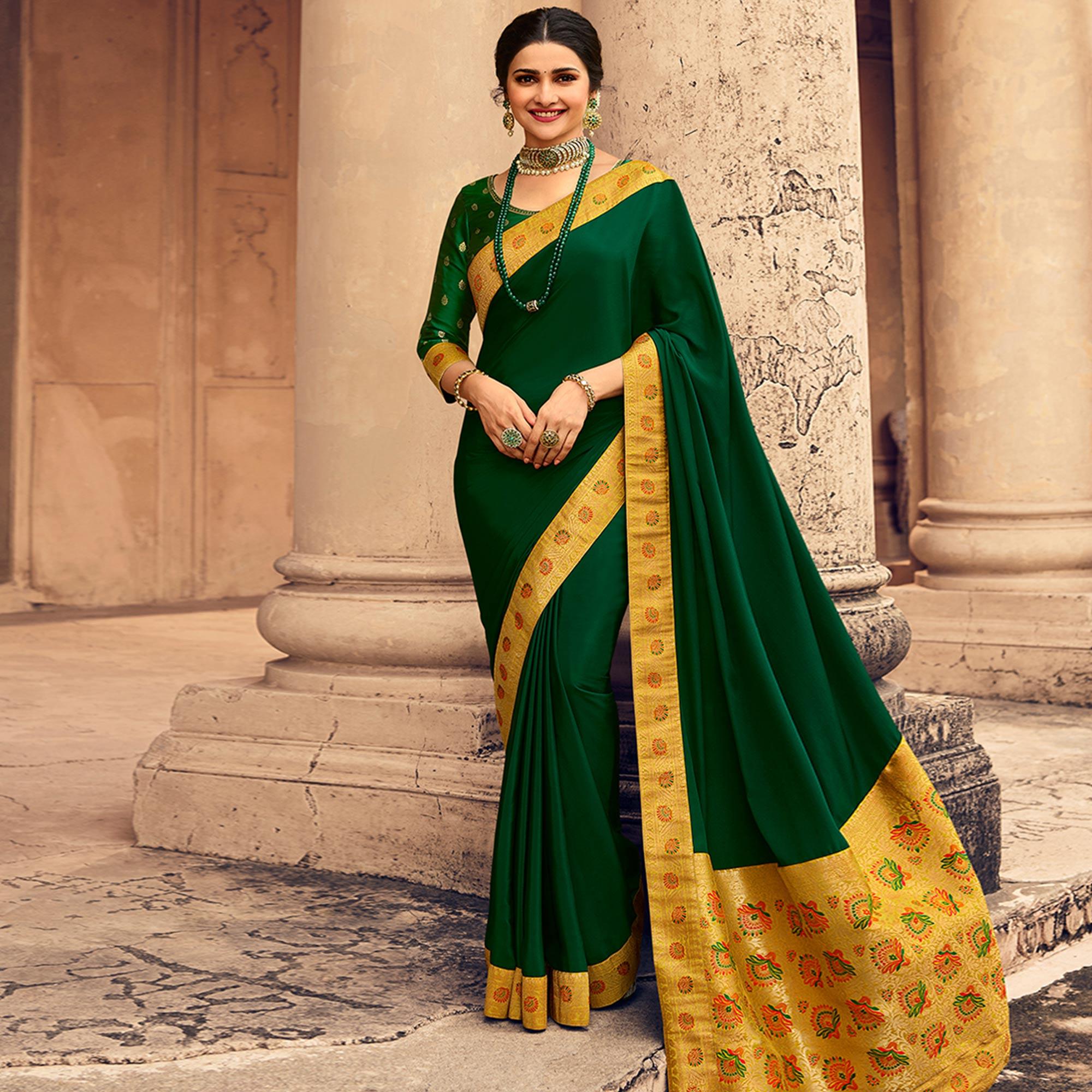 Green Festive Wear Zari Woven With Jacquard Lace & Pallu Sana Silk Saree - Peachmode