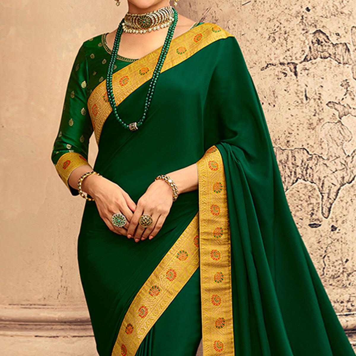 Green Festive Wear Zari Woven With Jacquard Lace & Pallu Sana Silk Saree - Peachmode