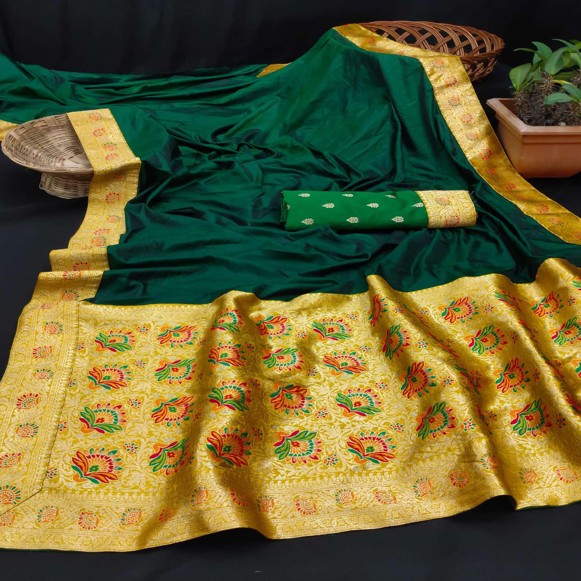 Green Festive Wear Zari Woven With Jacquard Lace & Pallu Sana Silk Saree - Peachmode
