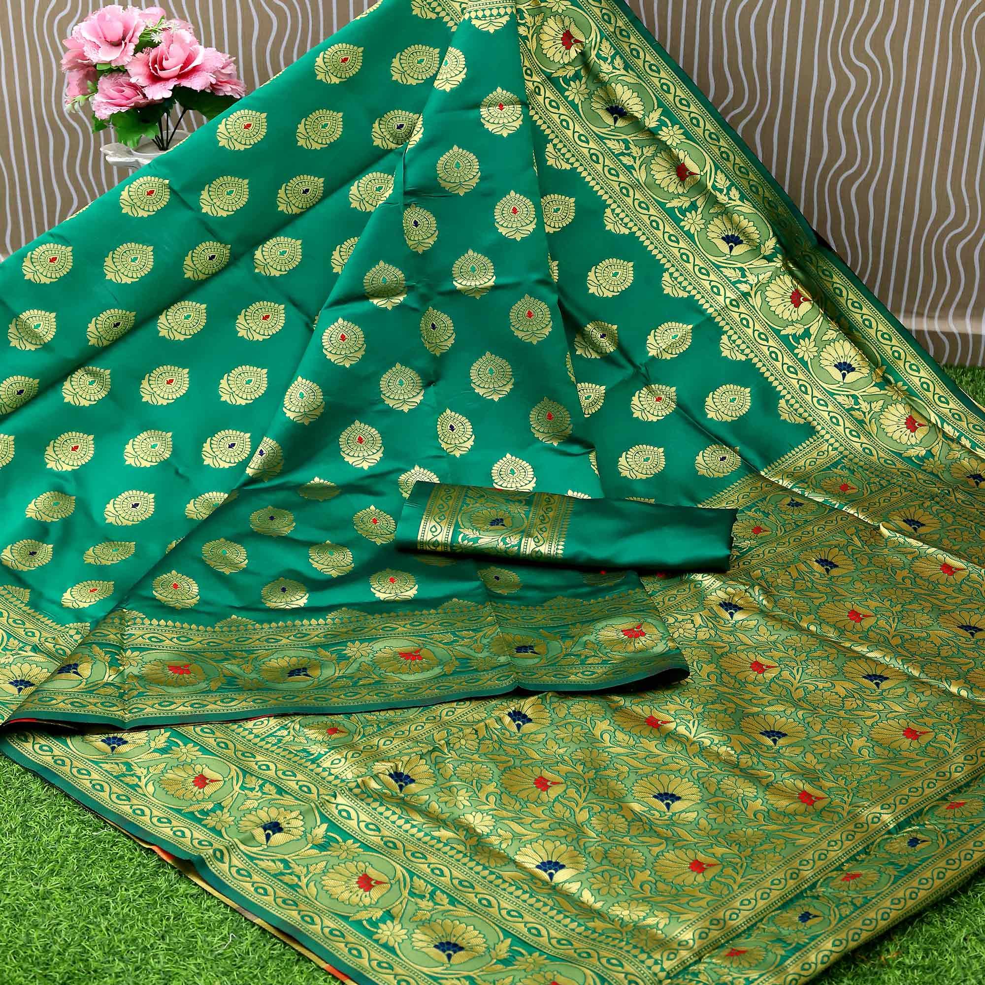 Green Festive Woven Banarasi Art Silk Saree - Peachmode