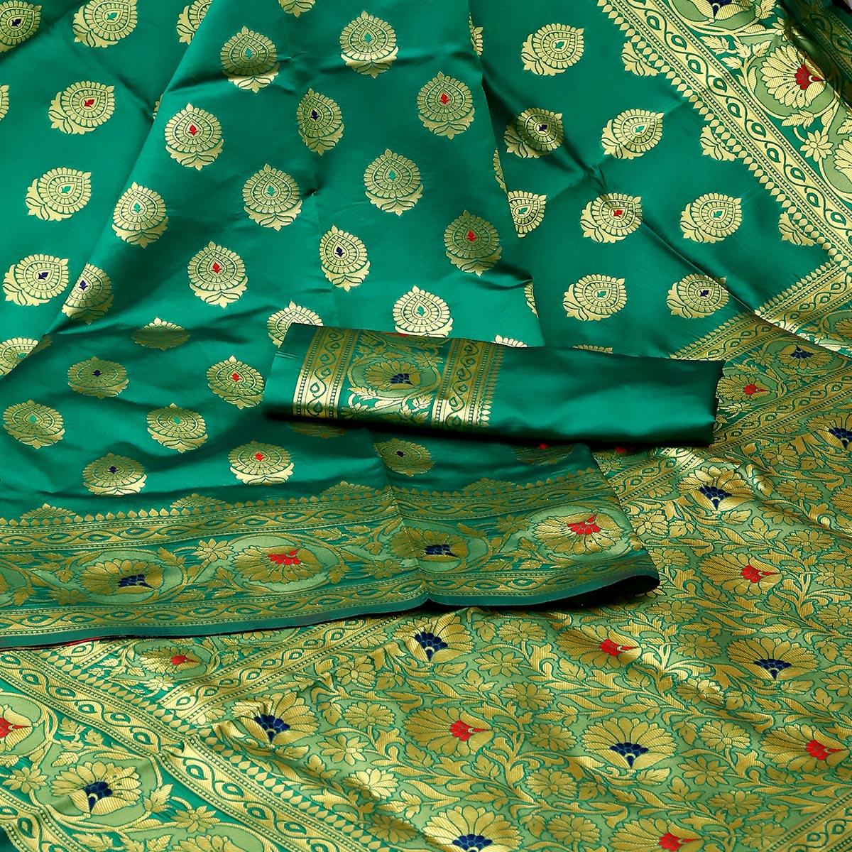 Green Festive Woven Banarasi Art Silk Saree - Peachmode