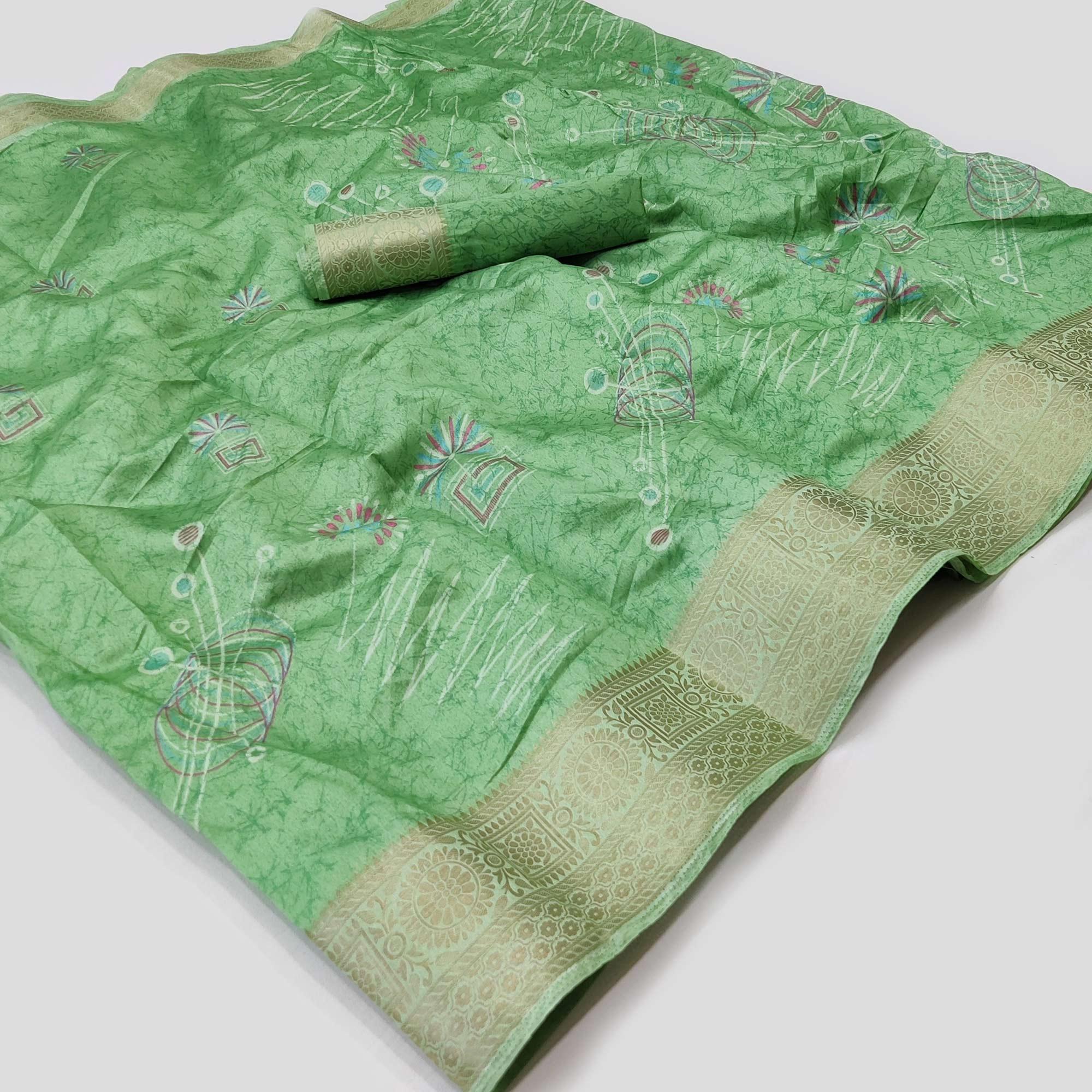 Green Floral And Geometric Printed Dola Silk Saree - Peachmode