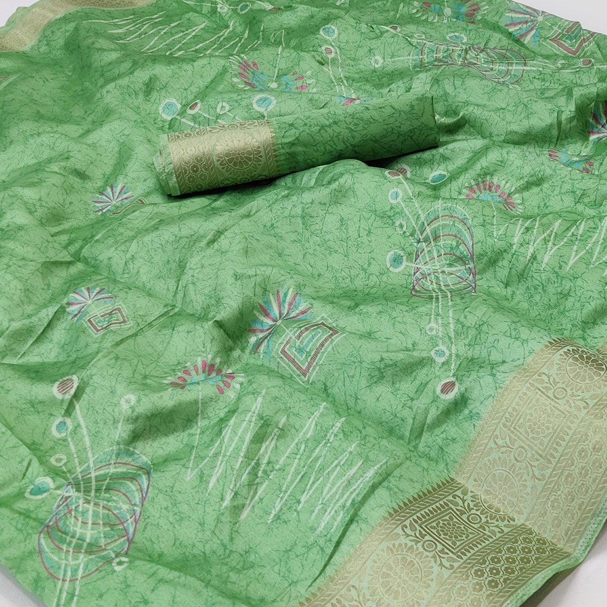 Green Floral And Geometric Printed Dola Silk Saree - Peachmode