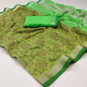 Green Floral Block Printed Chanderi Saree - Peachmode