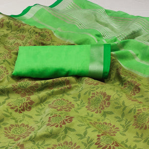 Green Floral Block Printed Chanderi Saree - Peachmode